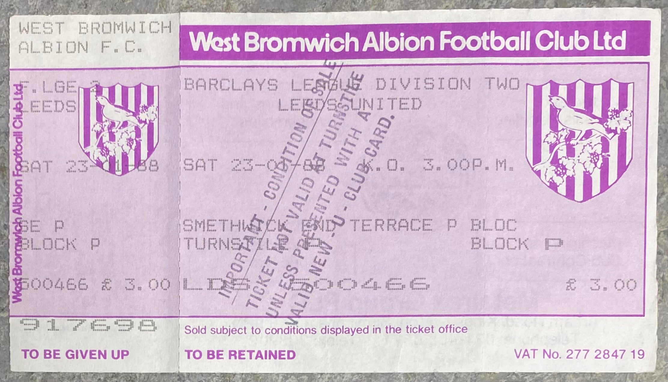 1987/88 ORIGINAL DIVISION TWO UNUSED TICKET WEST BROMWICH ALBION V LEEDS UNITED