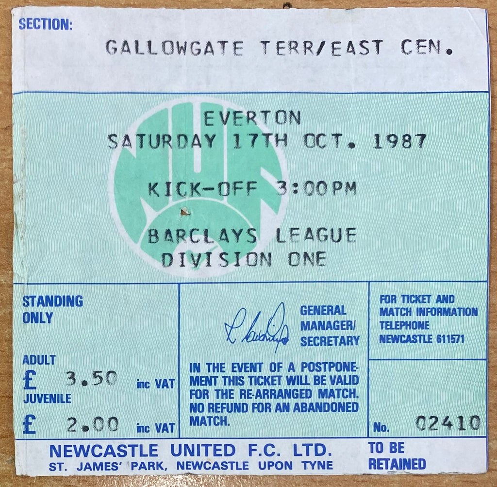 1987/88 ORIGINAL DIVISION ONE TICKET NEWCASTLE UNITED V EVERTON