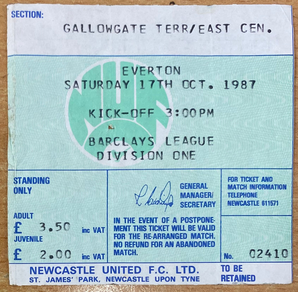 1987/88 ORIGINAL DIVISION ONE TICKET NEWCASTLE UNITED V EVERTON