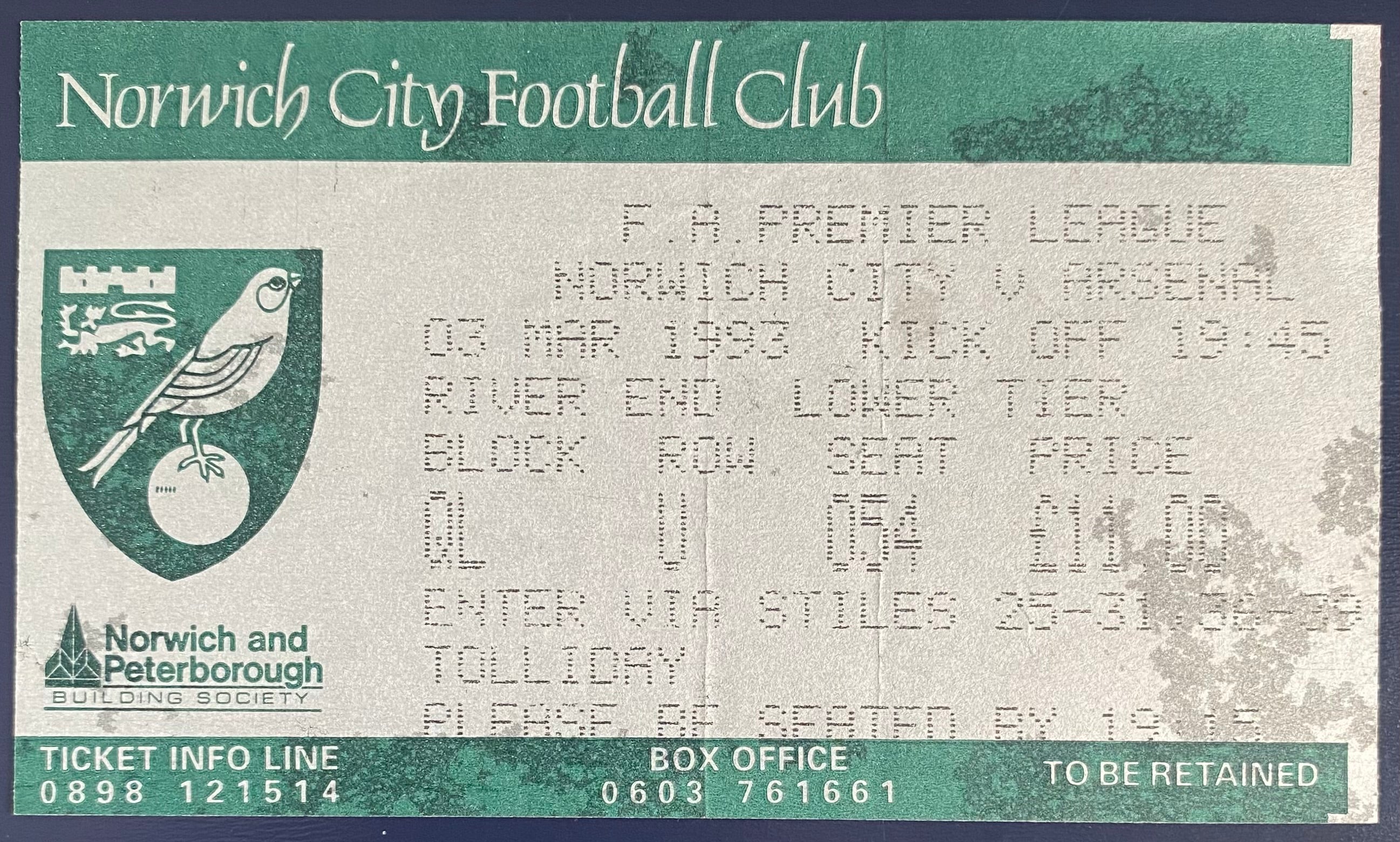 1992/93 ORIGINAL FA PREMIER LEAGUE TICKET NORWICH CITY V ARSENAL