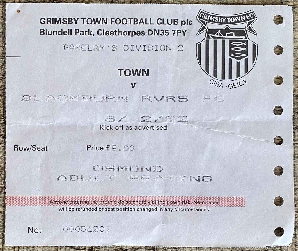 1991/92 ORIGINAL DIVISION 2 TICKET GRIMSBY TOWN V BLACKBURN ROVERS