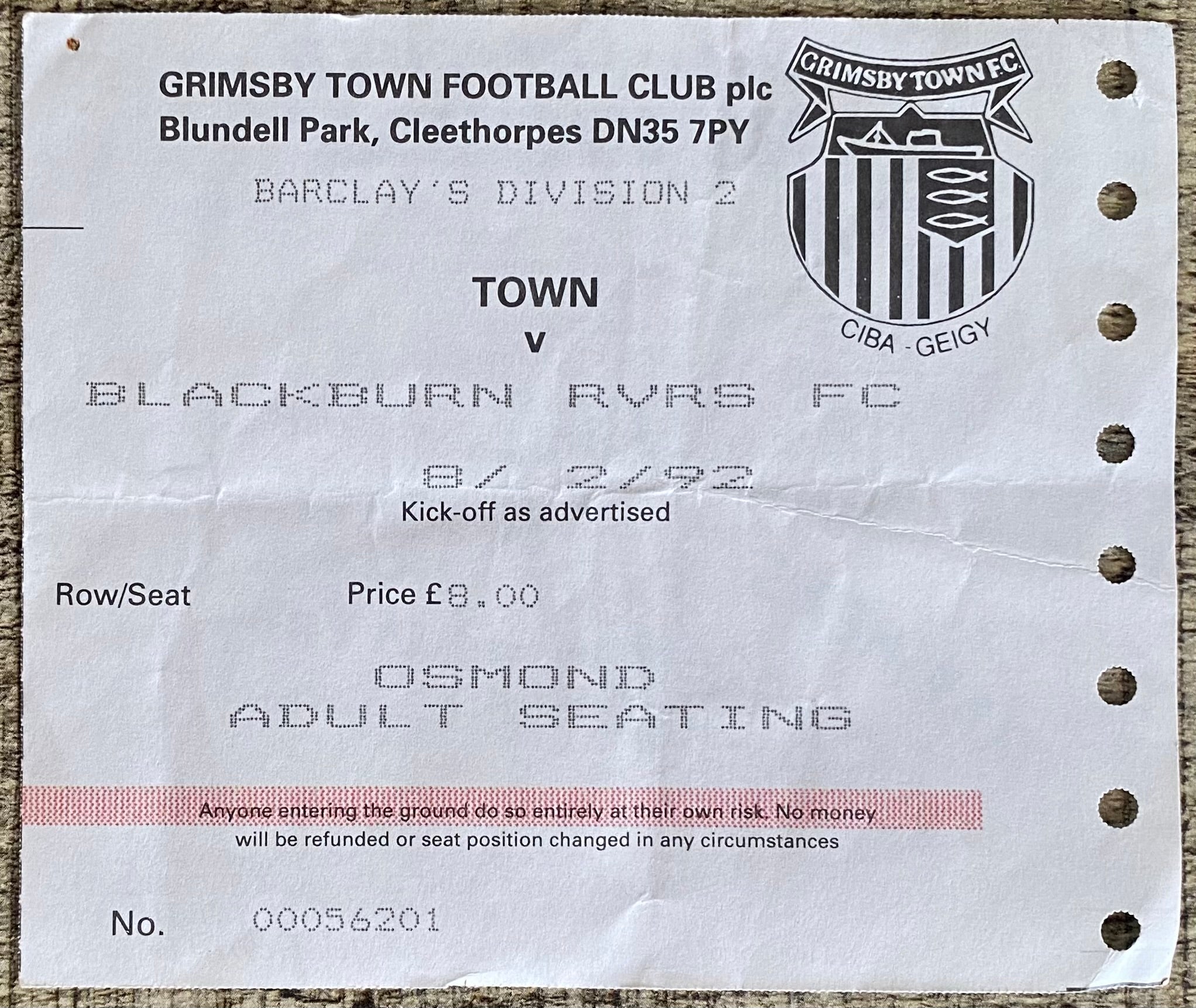 1991/92 ORIGINAL DIVISION 2 TICKET GRIMSBY TOWN V BLACKBURN ROVERS