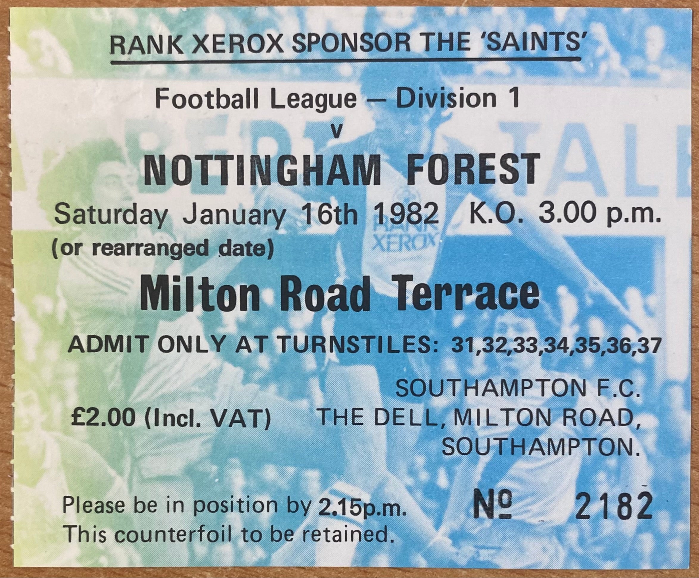 1981/82 ORIGINAL DIVISION ONE TICKET SOUTHAMPTON V NOTTINGHAM FOREST