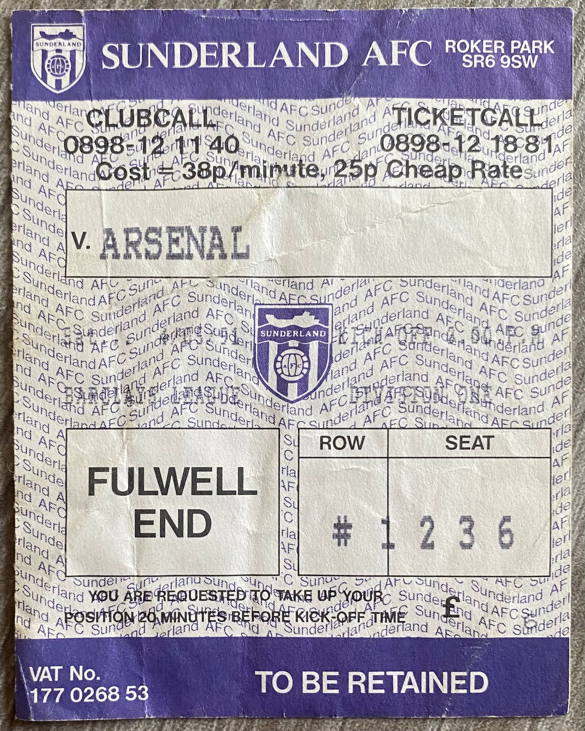 1990/91 ORIGINAL DIVISION ONE TICKET SUNDERLAND V ARSENAL