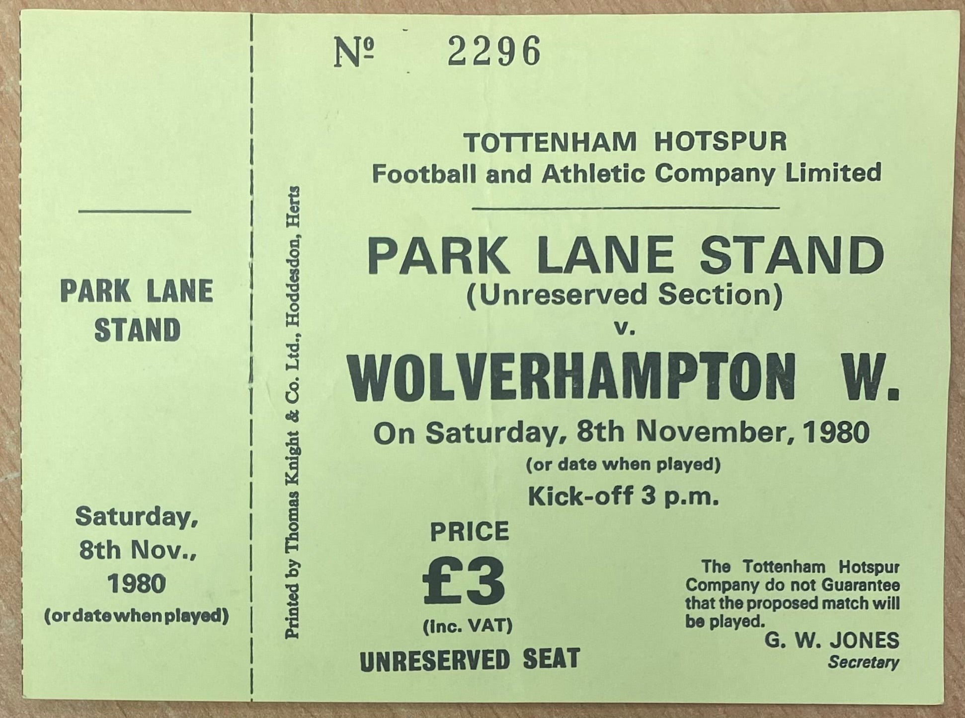 1980/81 ORIGINAL DIVISION ONE UNUSED TICKET TOTTENHAM HOTSPUR V WOLVERHAMPTON WANDERERS