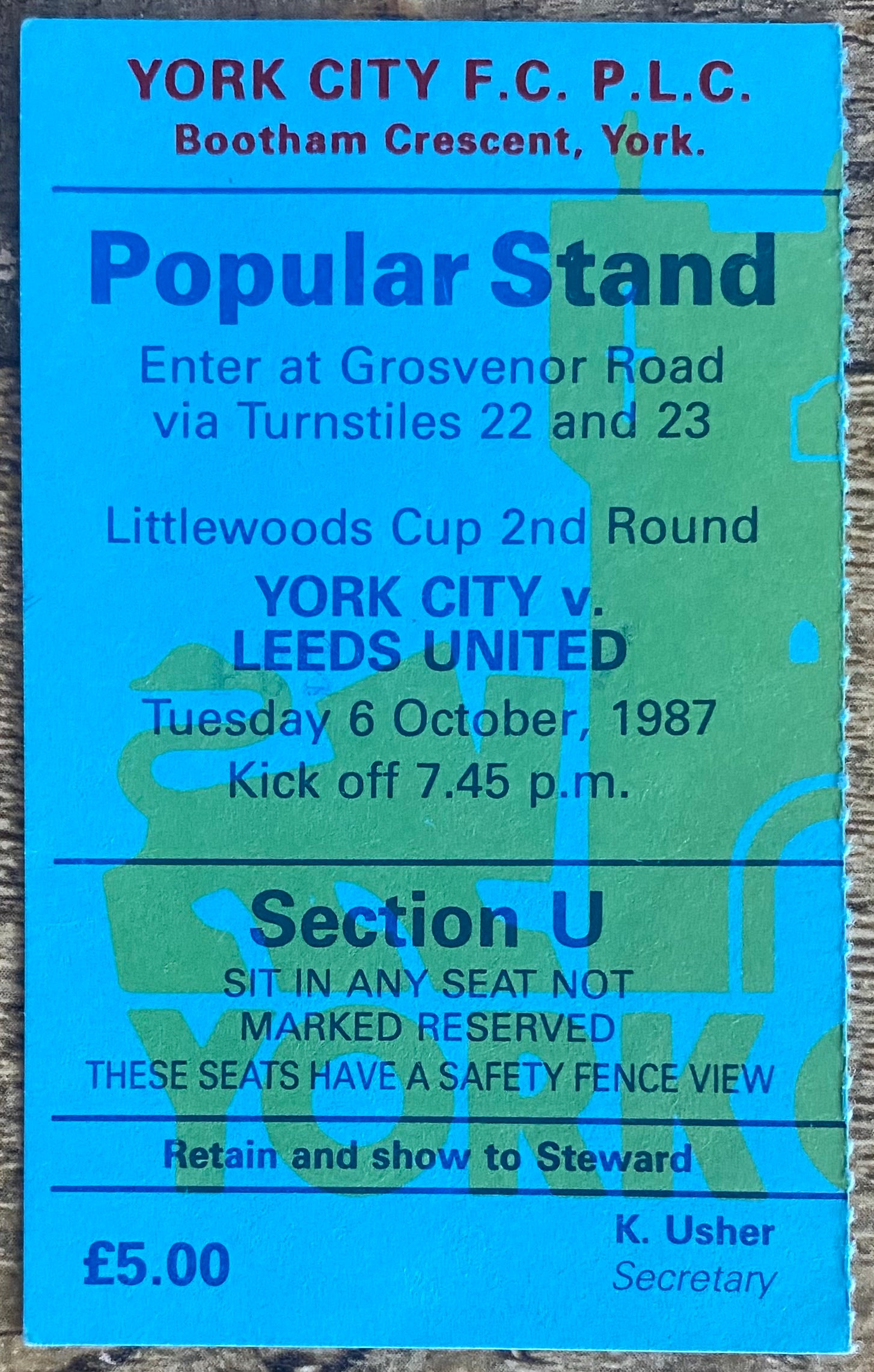 1987/88 ORIGINAL LITTLEWOODS CUP 2ND ROUND 2ND LEG TICKET YORK CITY V LEEDS UNITED