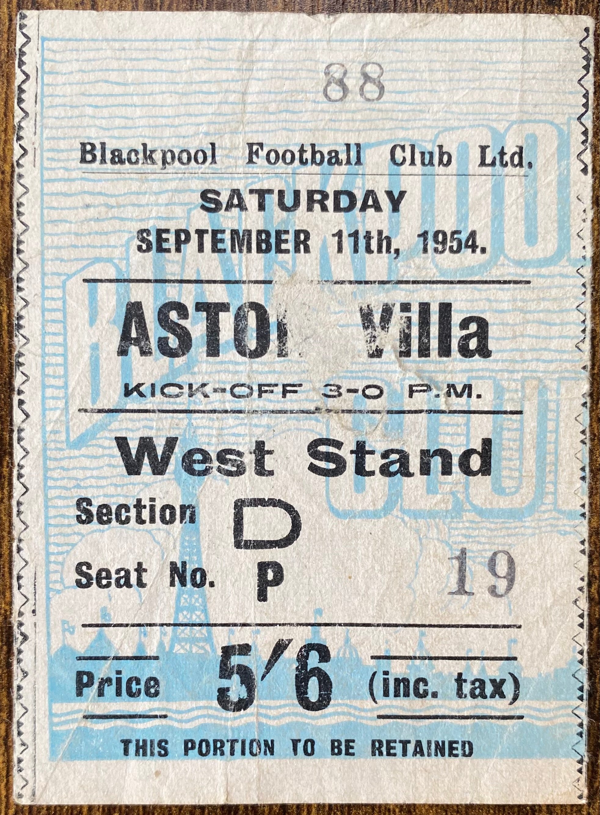 1954/55 ORIGINAL DIVISION 1 TICKET BLACKPOOL V ASTON VILLA