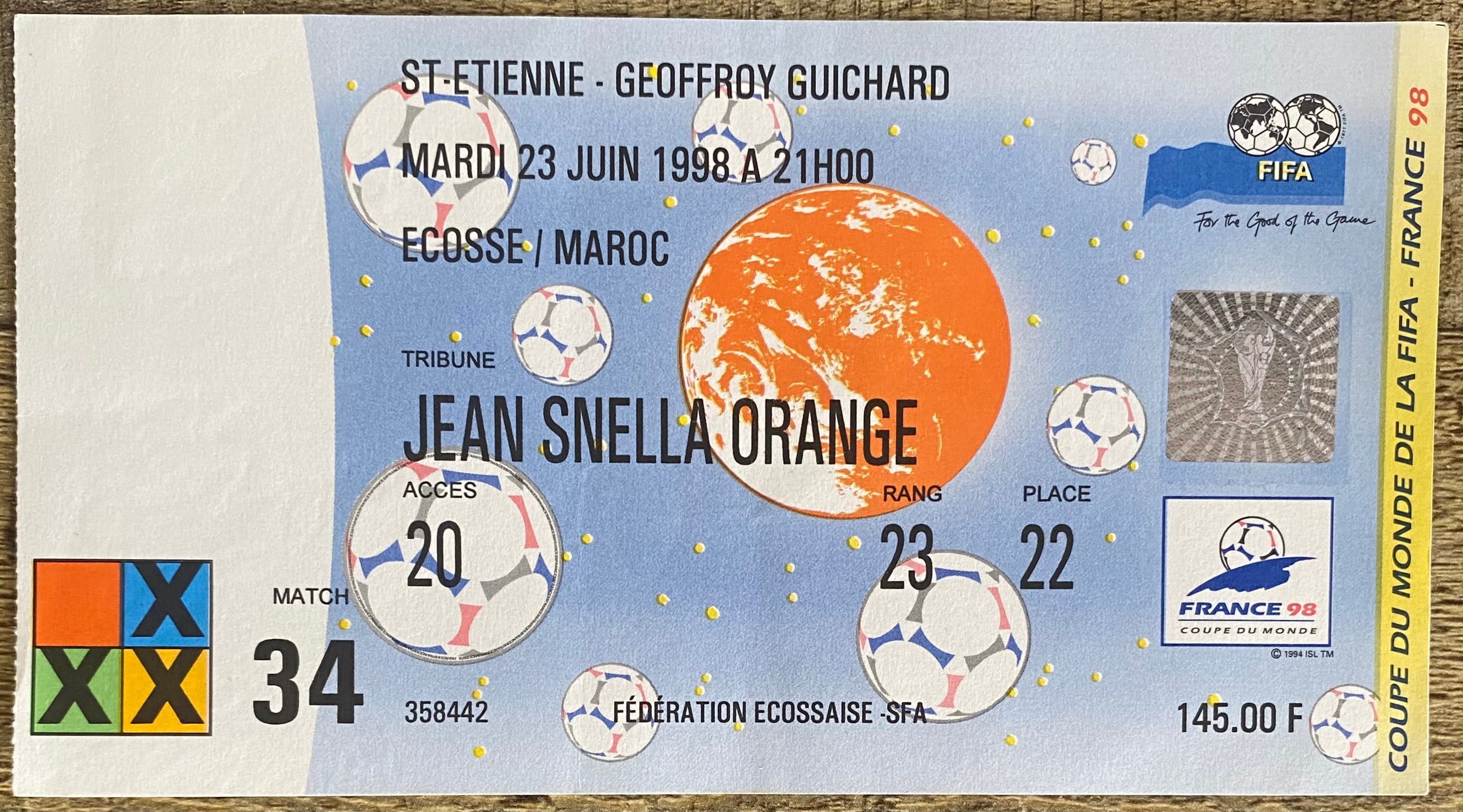 1998 ORIGINAL WORLD CUP 1ST ROUND TICKET SCOTLAND V MOROCCO @ ST ETIENNE