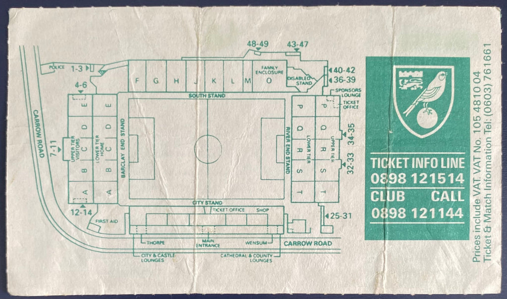 1992/93 ORIGINAL FA PREMIER LEAGUE TICKET NORWICH CITY V CHELSEA