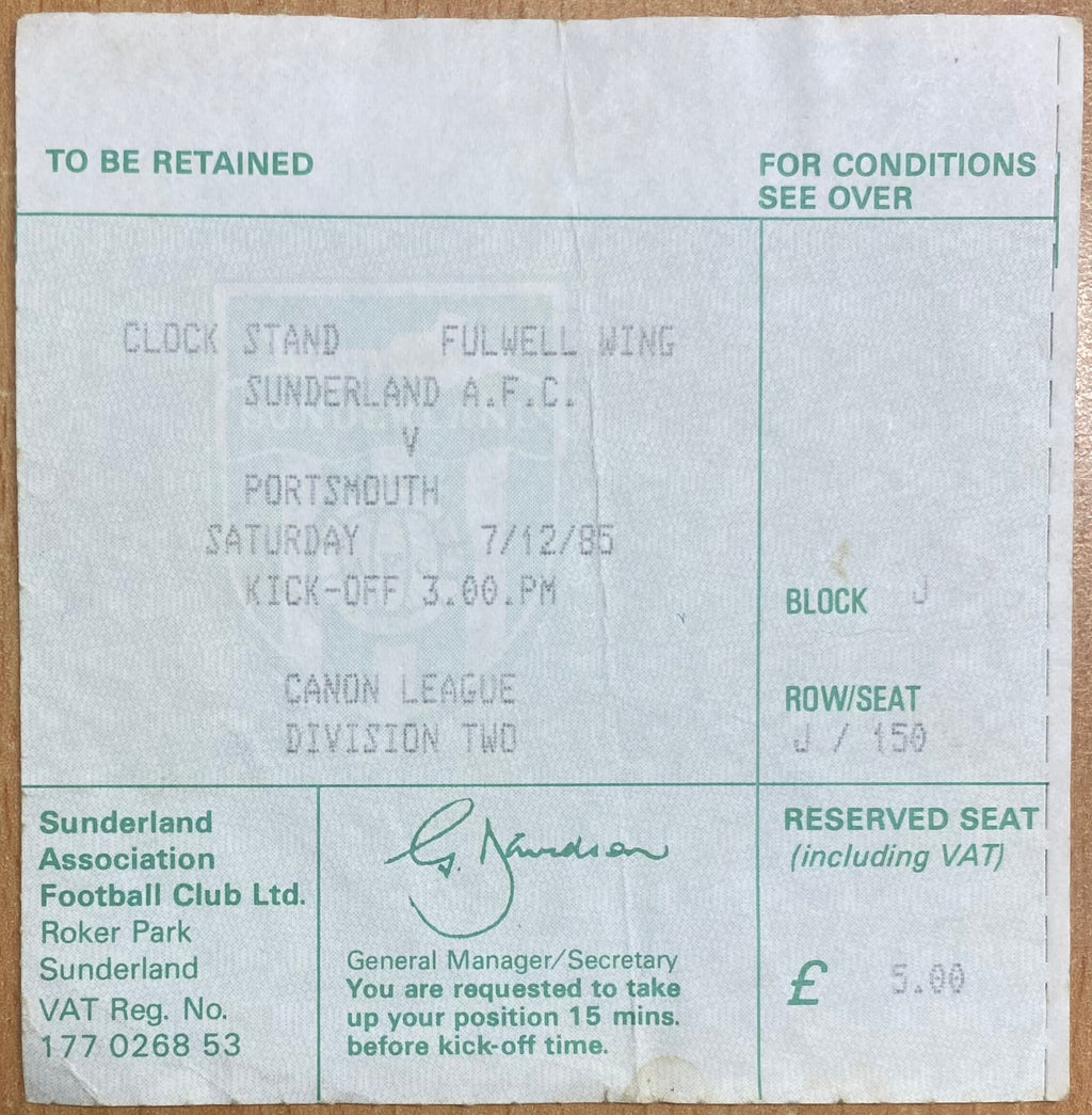 1985/86 ORIGINAL DIVISION 2 TICKET SUNDERLAND V PORTSMOUTH