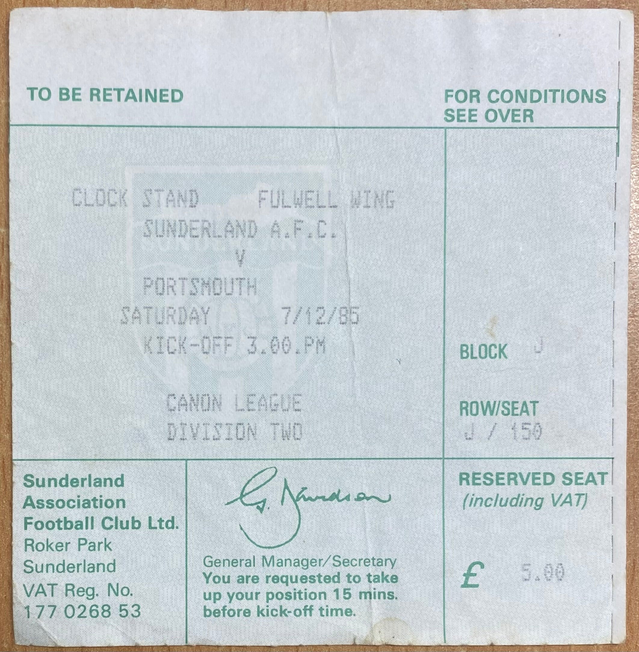 1985/86 ORIGINAL DIVISION 2 TICKET SUNDERLAND V PORTSMOUTH