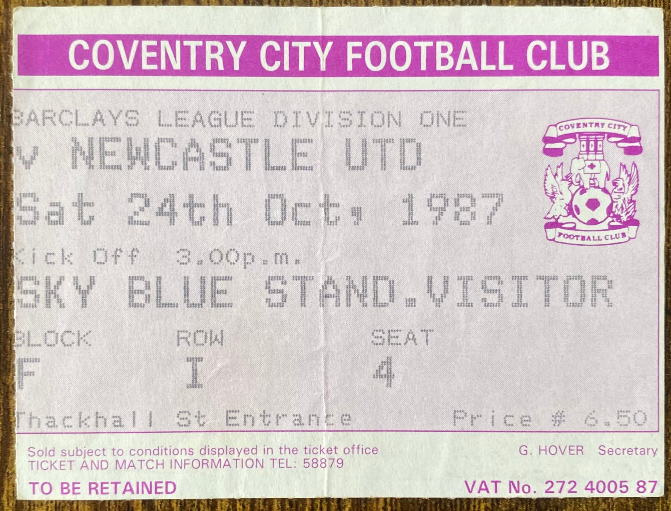 1987/88 ORIGINAL DIVISION 1 TICKET COVENTRY CITY V NEWCASTLE UNITED