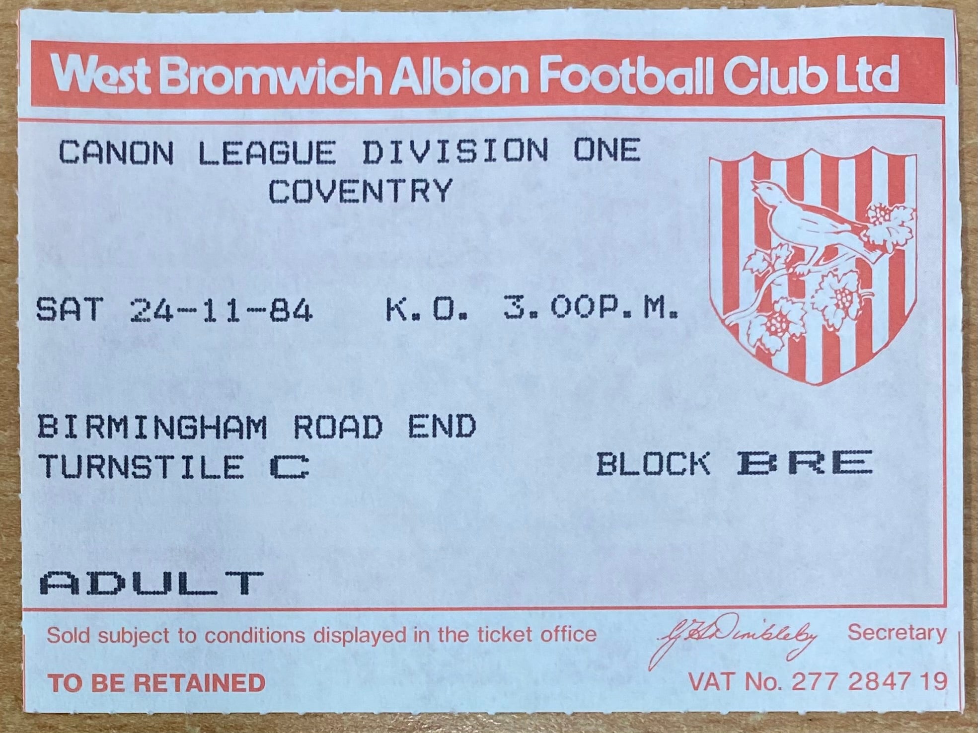 1984/85 ORIGINAL DIVISION 1 TICKET WEST BROMWICH ALBION V COVENTRY CITY