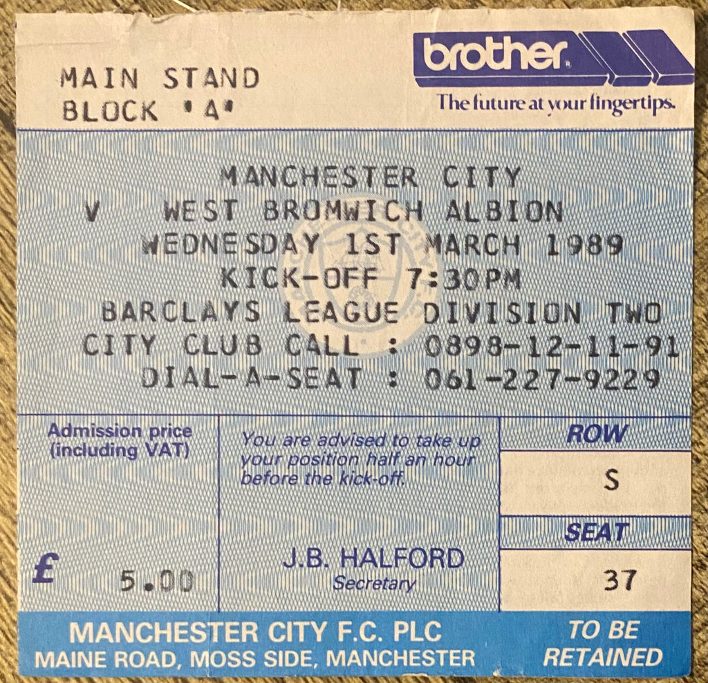 1988/89 ORIGINAL DIVISION 2 TICKET MANCHESTER CITY V WEST BROMWICH ALBION