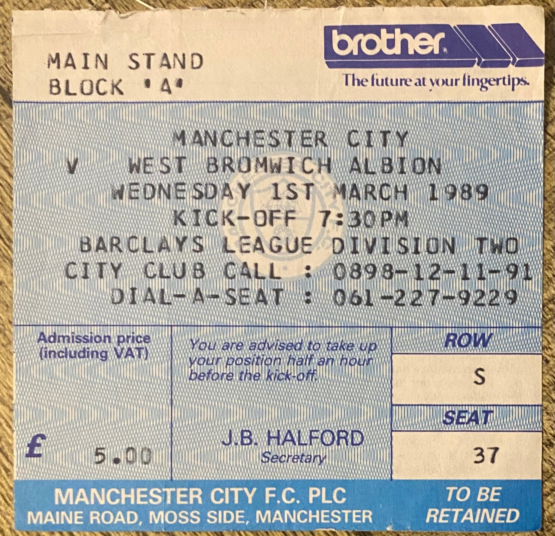 1988/89 ORIGINAL DIVISION 2 TICKET MANCHESTER CITY V WEST BROMWICH ALBION