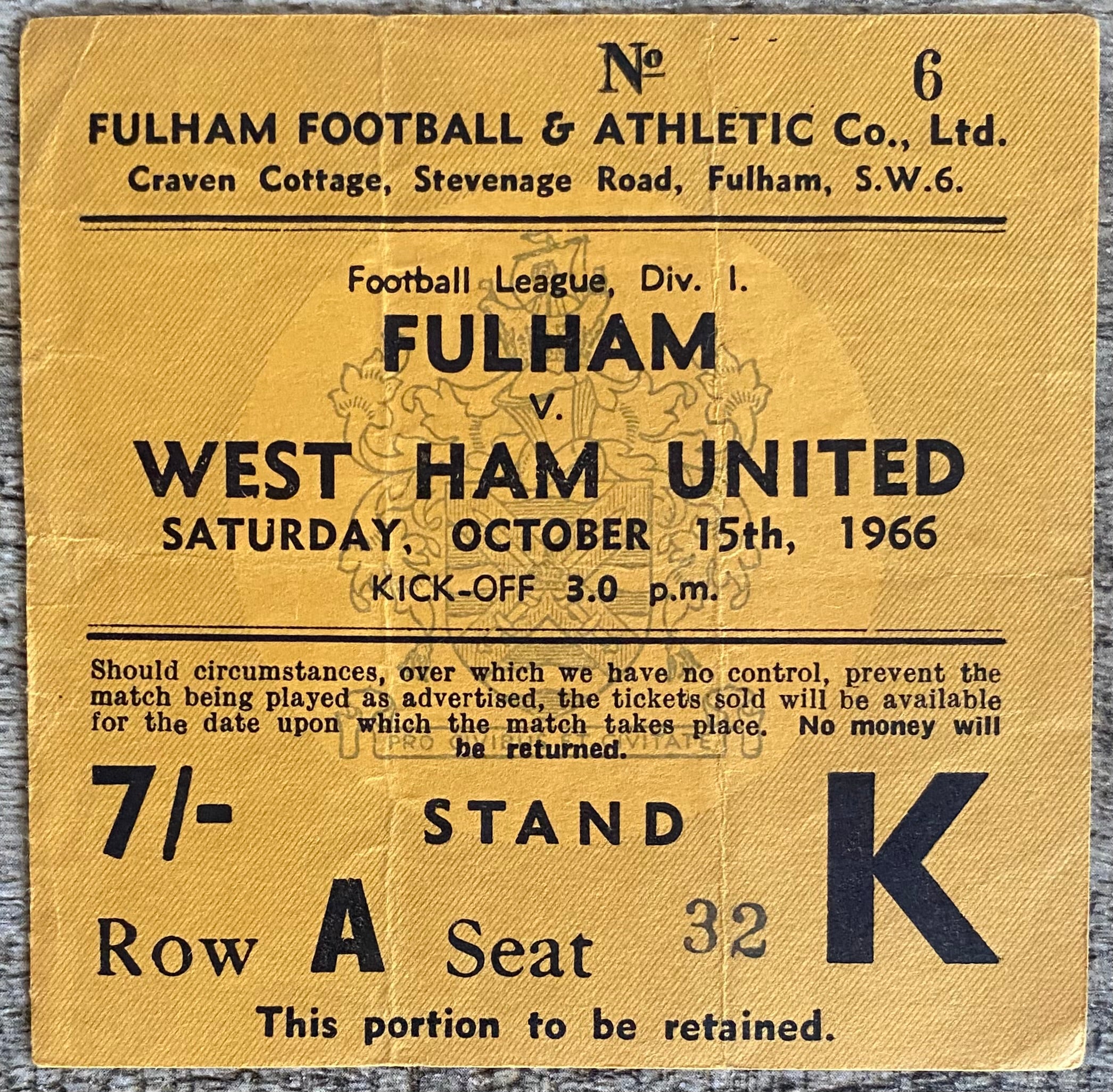 1966/67 ORIGINAL DIVISION 1 TICKET FULHAM V WEST HAM UNITED