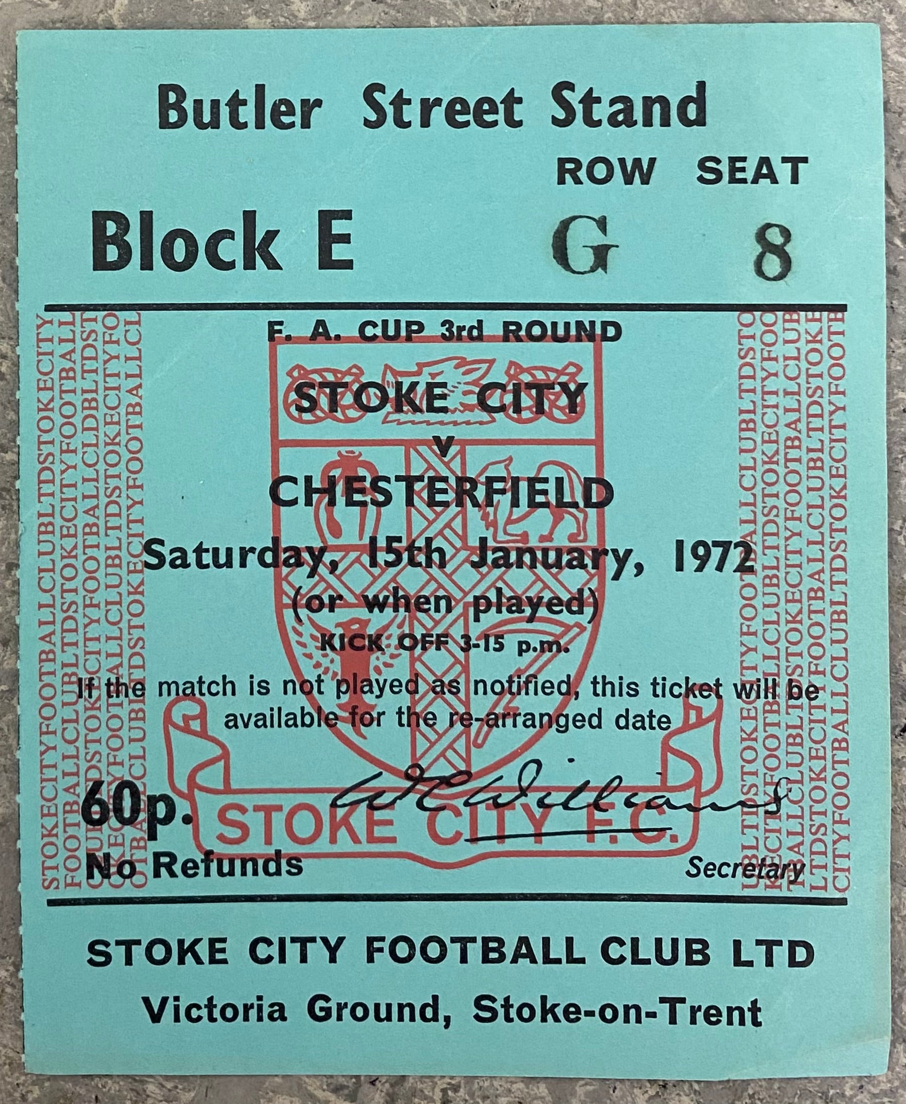 1971/72 ORIGINAL FA CUP 3RD ROUND TICKET STOKE CITY V CHESTERFIELD