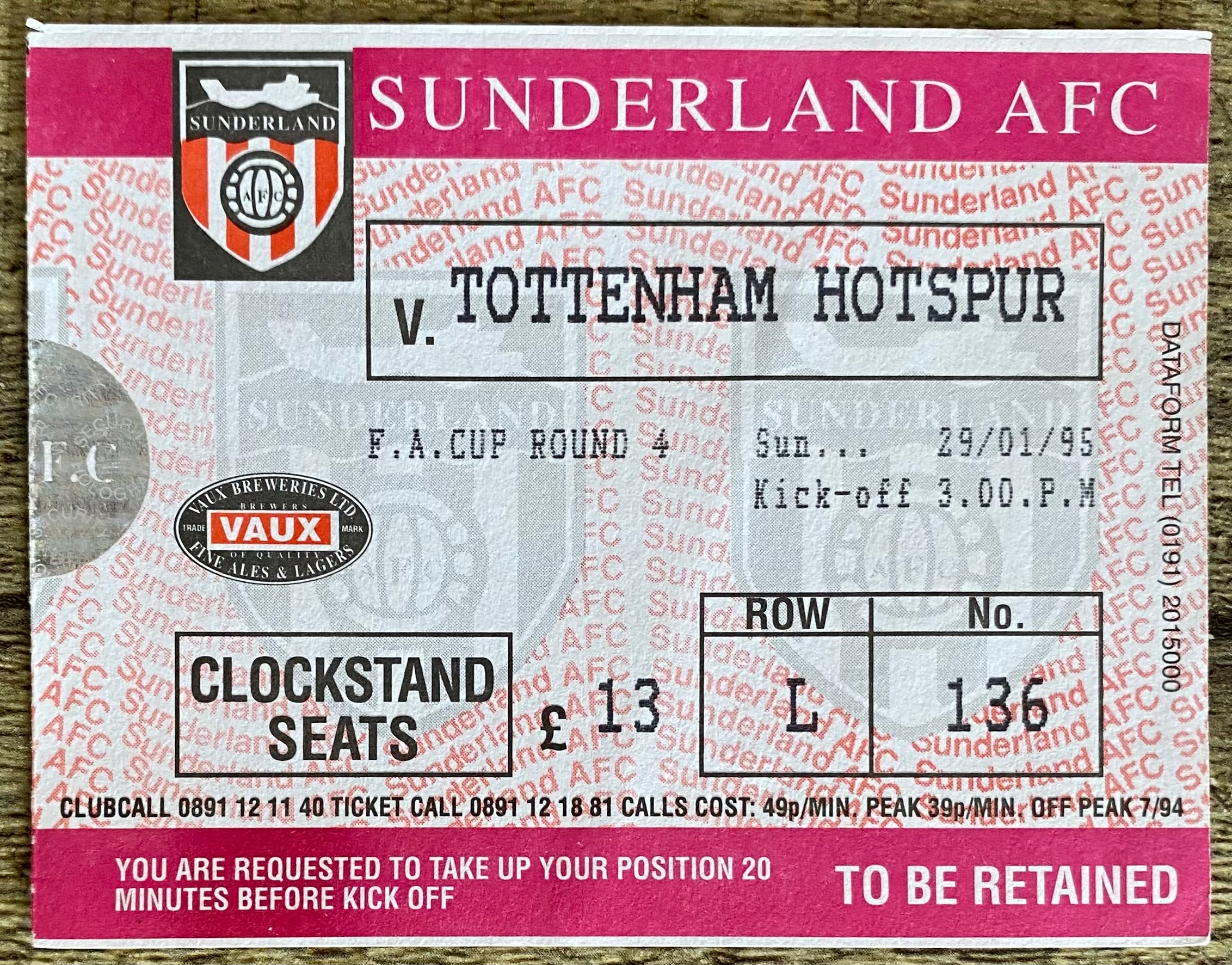 1994/95 ORIGINAL FA CUP 4TH ROUND TICKET SUNDERLAND v TOTTENHAM HOTSPUR
