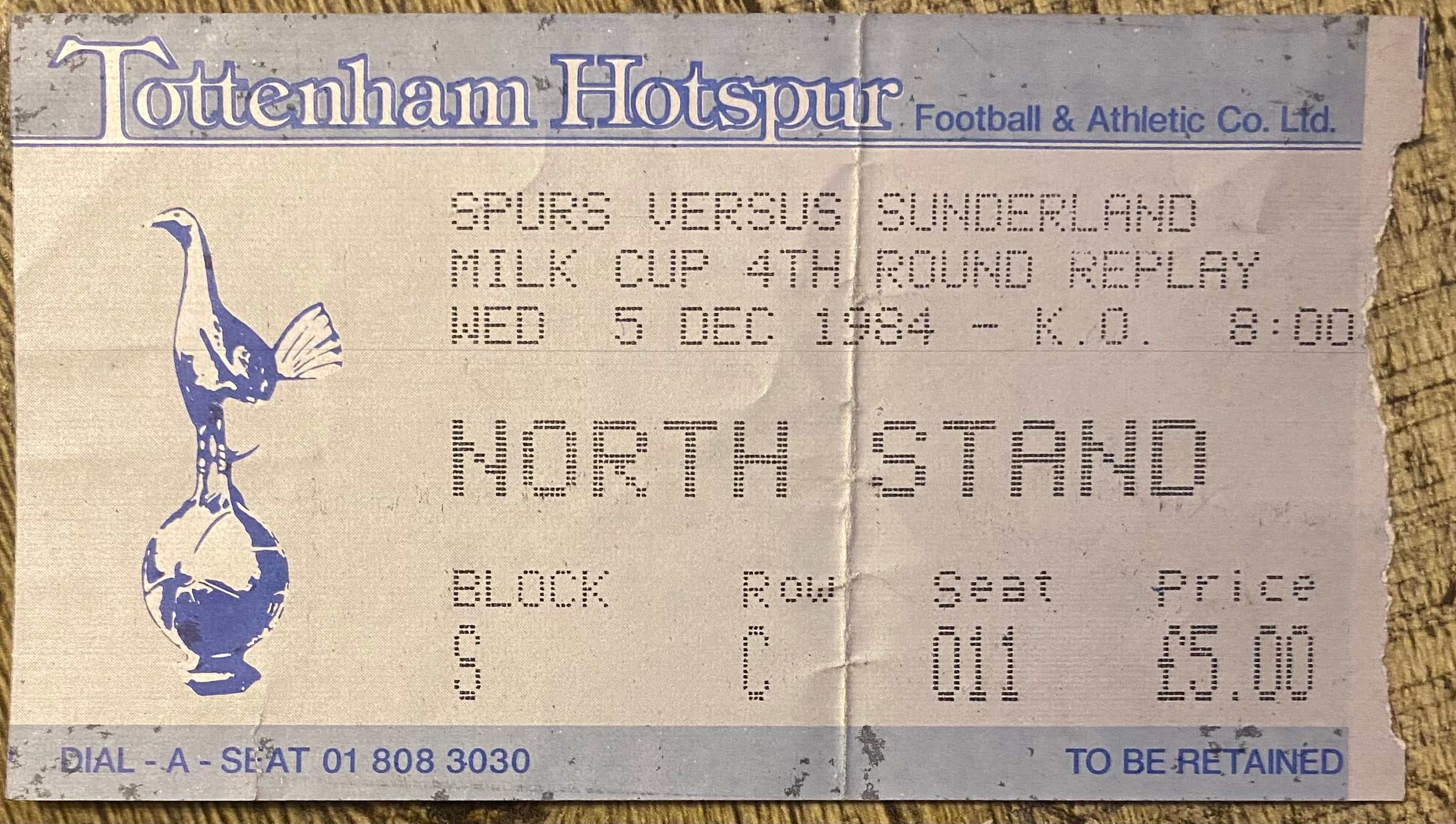 1984/85 ORIGINAL MILK CUP 4TH ROUND REPLAY TICKET TOTTENHAM HOTSPUR V SUNDERLAND