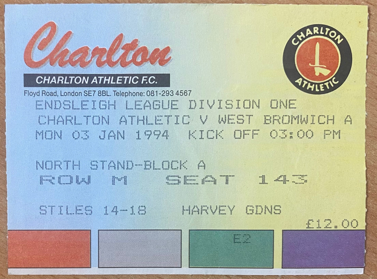 1993/94 ORIGINAL DIVISION 1 TICKET CHARLTON ATHLETIC V WEST BROMWICH ALBION