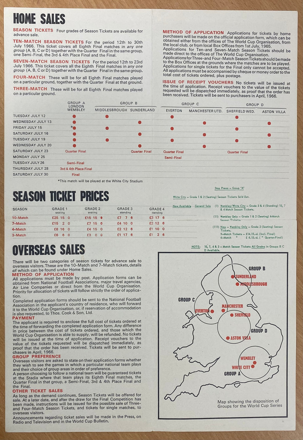 1966 WORLD CUP ORIGINAL OFFICIAL TICKET INFORMATION FOLD OUT BOOKLET (UPDATED VERSION)