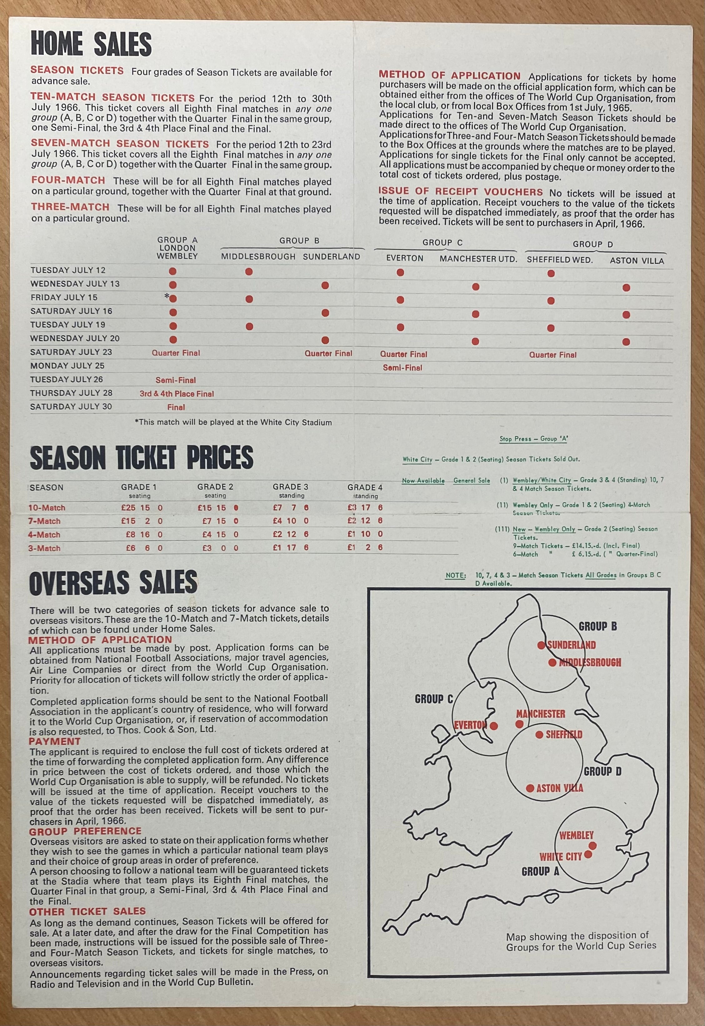 1966 WORLD CUP ORIGINAL OFFICIAL TICKET INFORMATION FOLD OUT BOOKLET (UPDATED VERSION)