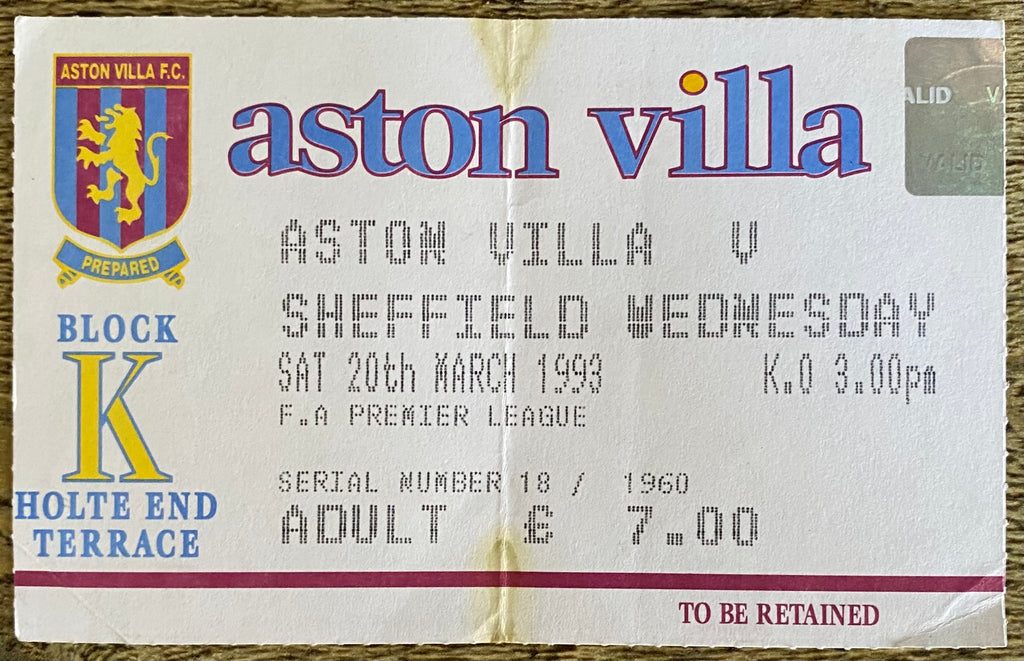 1992/93 ORIGINAL PREMIER LEAGUE TICKET ASTON VILLA V SHEFFIELD WEDNESDAY