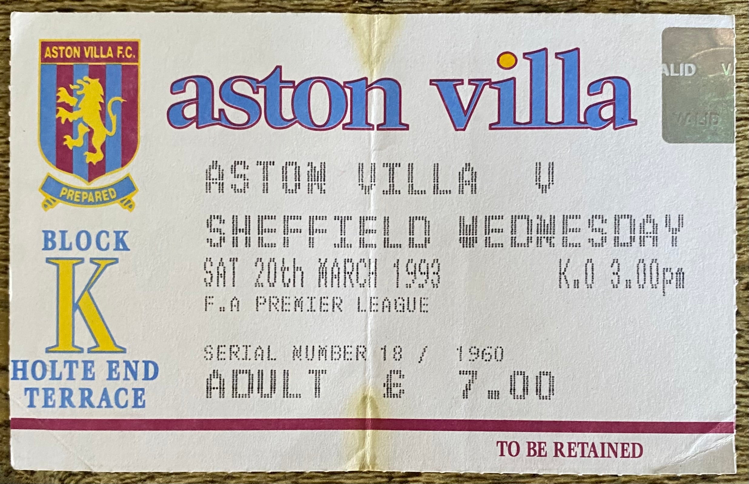 1992/93 ORIGINAL PREMIER LEAGUE TICKET ASTON VILLA V SHEFFIELD WEDNESDAY