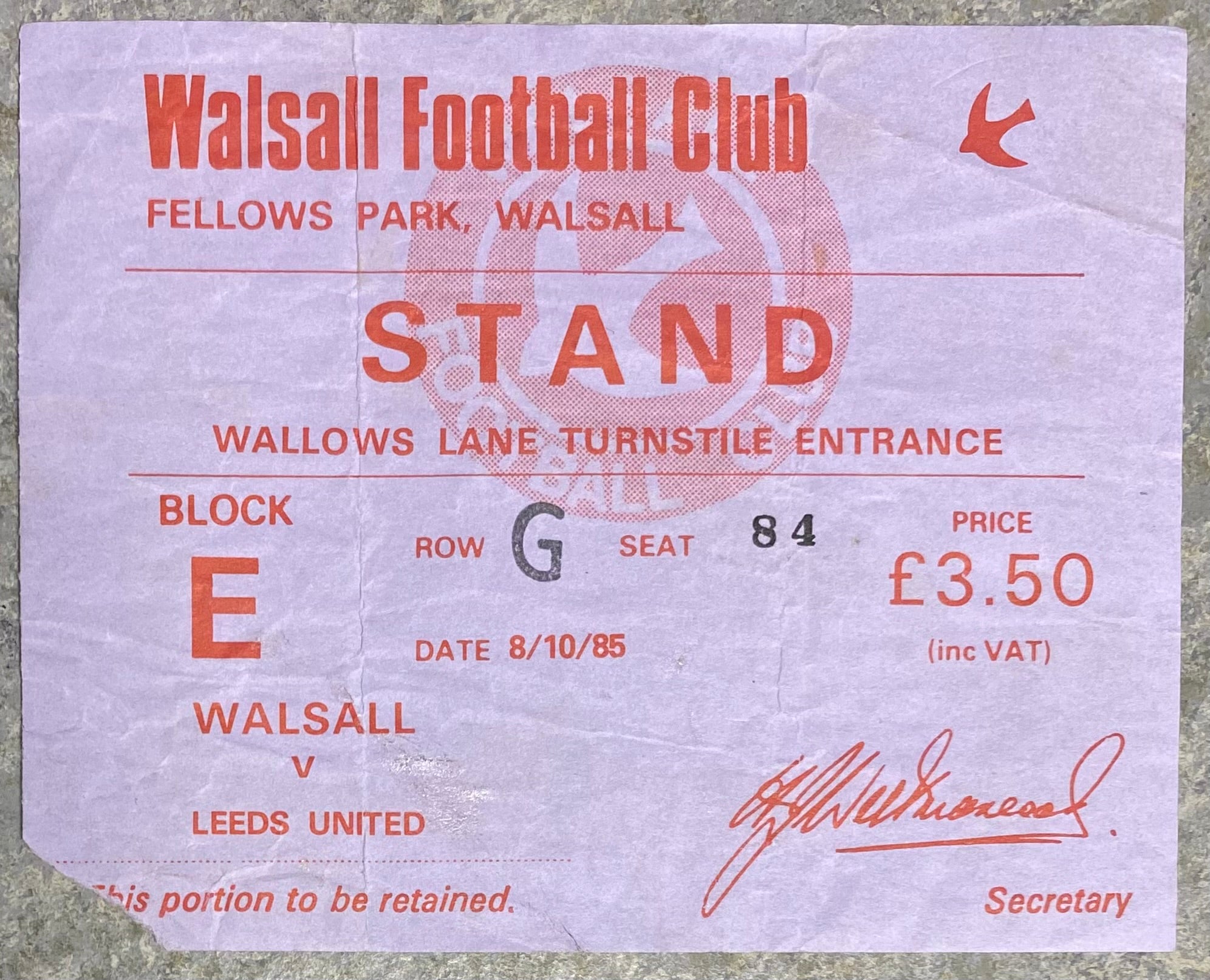 1985/86 ORIGINAL MILK CUP 2ND ROUND 2ND LEG TICKET WALSALL V LEEDS UNITED