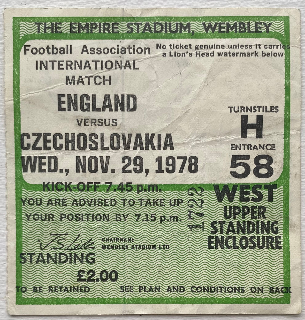 1978 ORIGINAL INTERNATIONAL TICKET ENGLAND V CZECHOSLOVAKIA