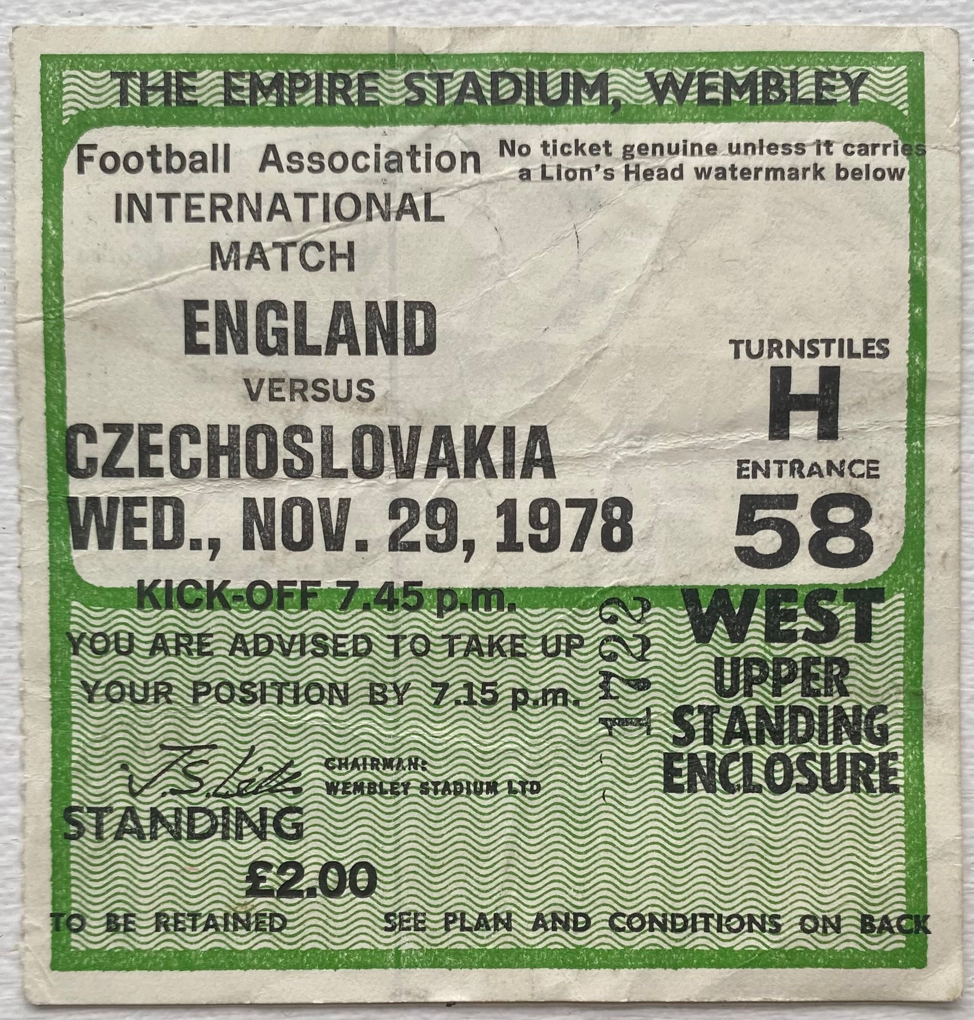 1978 ORIGINAL INTERNATIONAL TICKET ENGLAND V CZECHOSLOVAKIA