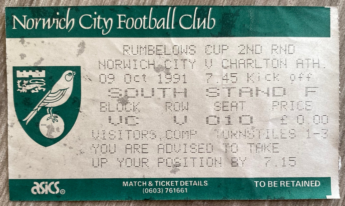 1991/92 ORIGINAL 2ND ROUND 2ND LEG TICKET NORWICH CITY V CHARLTON ATHLETIC