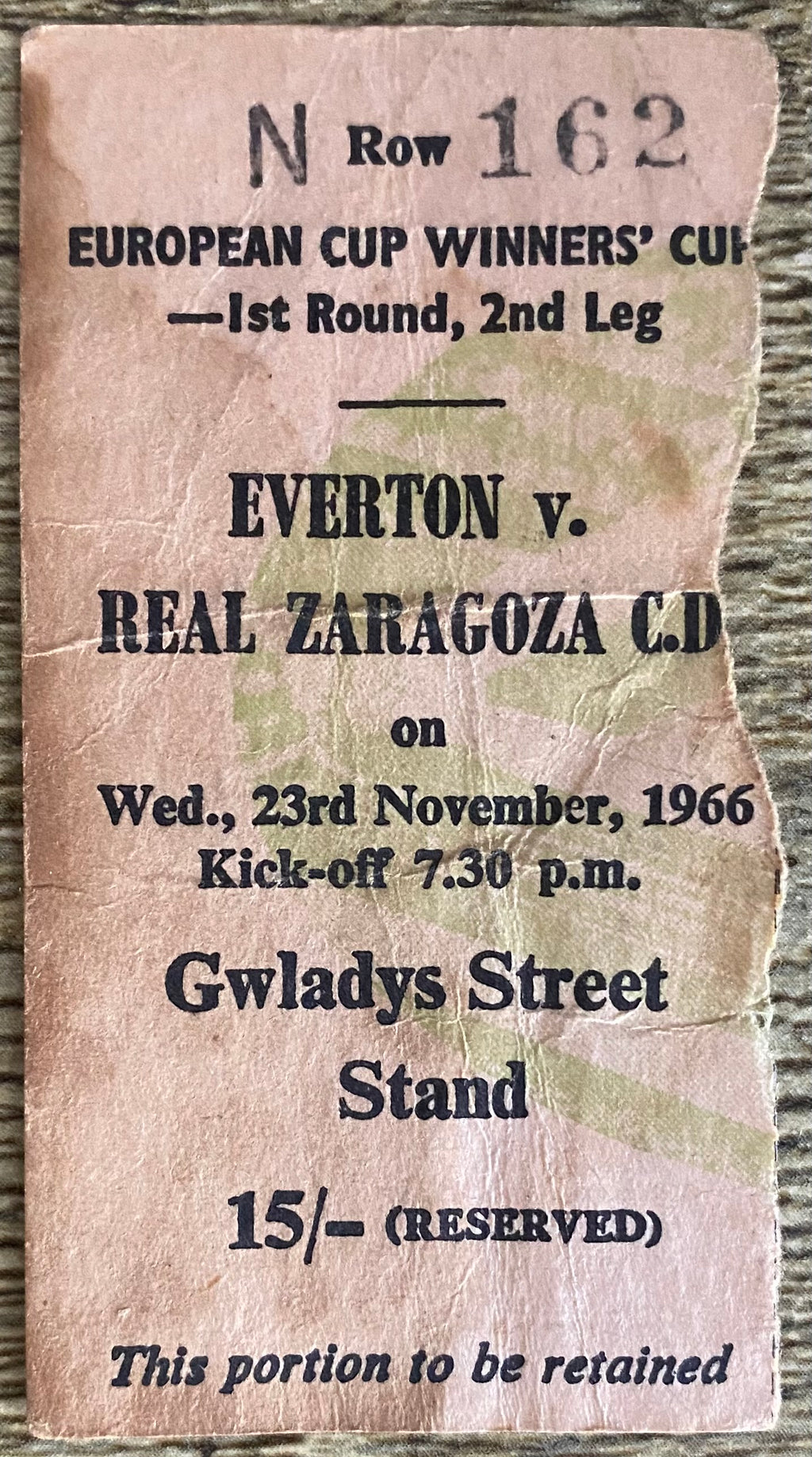 1966/67 ORIGINAL EUROPEAN CUP WINNERS CUP 1ST ROUND 2ND LEG TICKET EVERTON V REAL ZARAGOZA