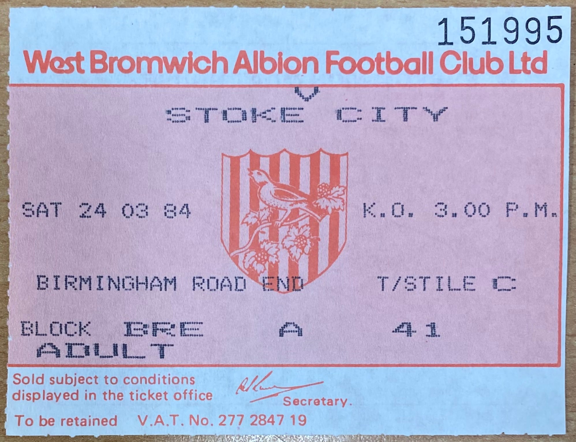 1983/84 ORIGINAL DIVISION 1 TICKET WEST BROMWICH ALBION V STOKE CITY