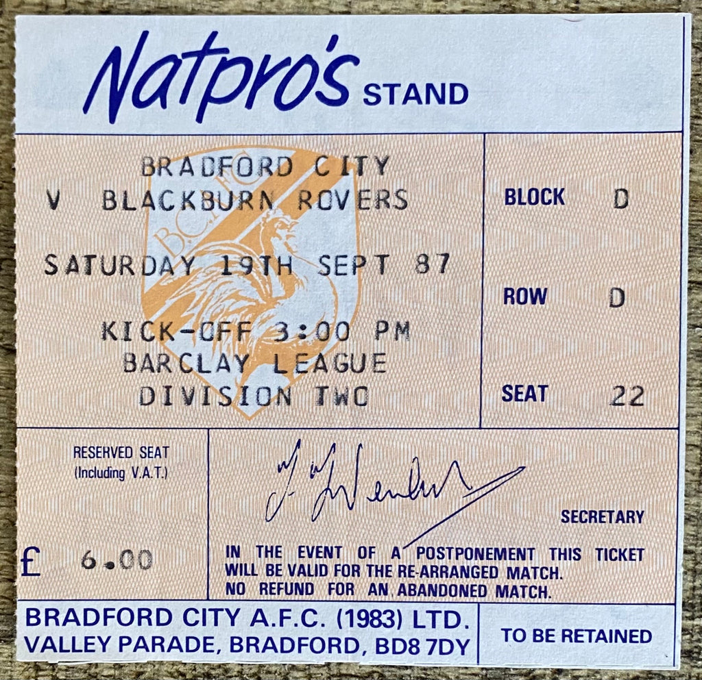 1987/88 ORIGINAL DIVISION 2 TICKET BRADFORD CITY V BLACKBURN ROVERS