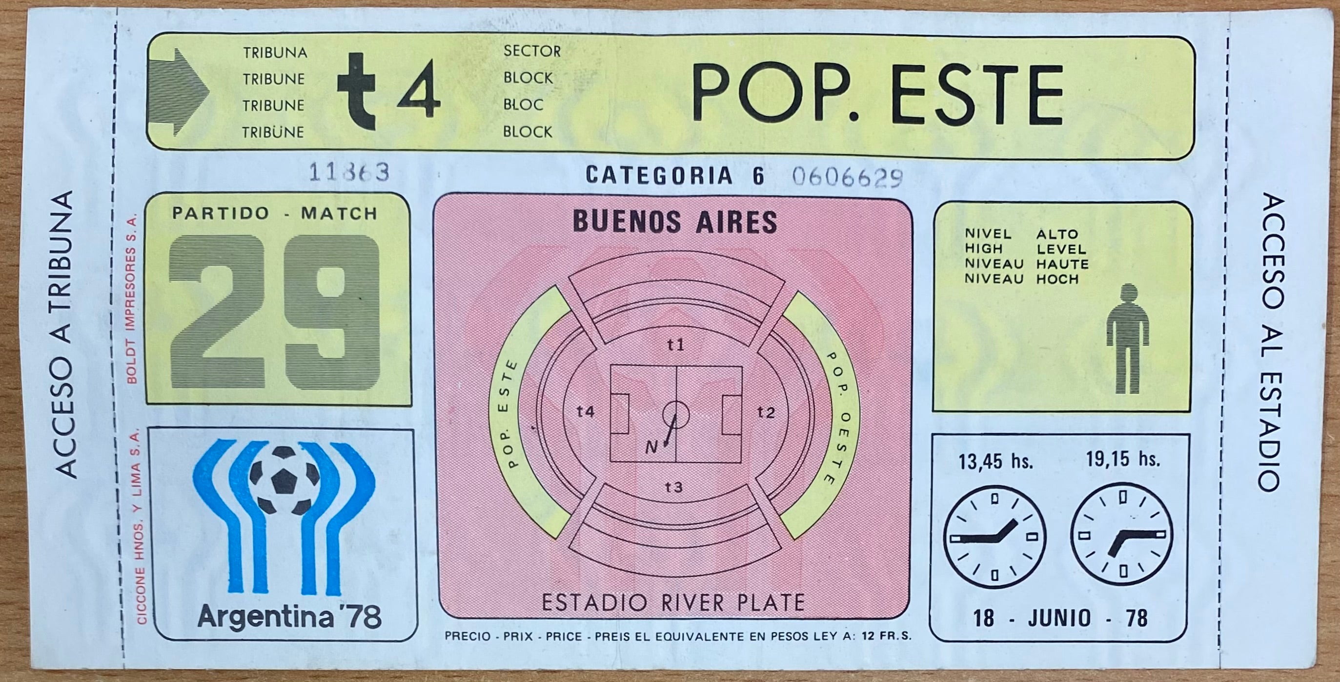 1978 ORIGINAL WORLD CUP 2ND ROUND UNUSED TICKET ITALY V AUSTRIA @ BUENOS ARIES