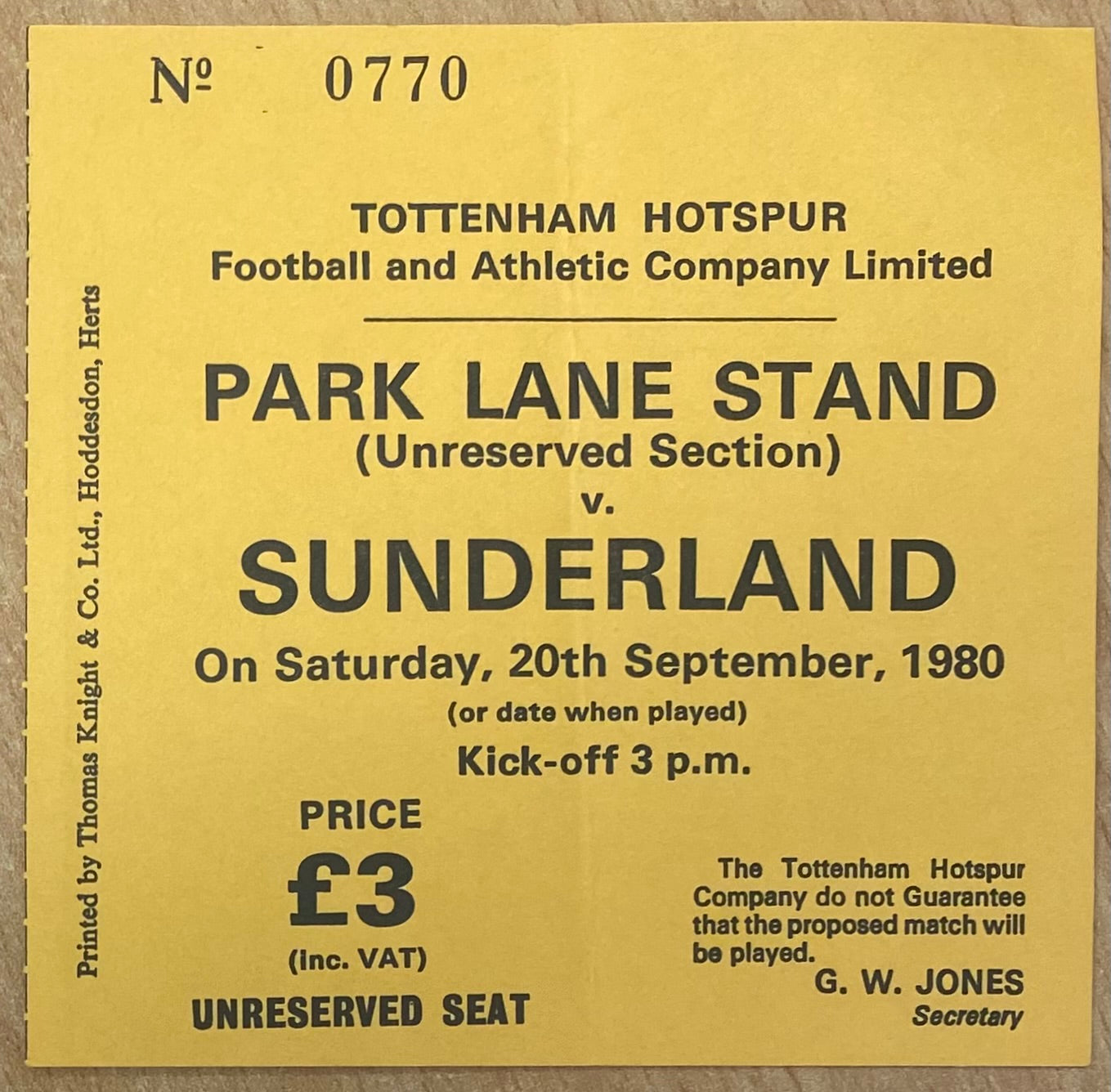 1980/81 ORIGINAL DIVISION ONE TICKET TOTTENHAM HOTSPUR V SUNDERLAND