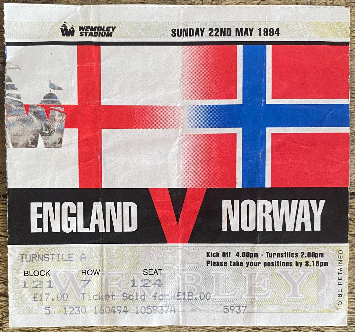 1994 ORIGINAL INTERNATIONAL TICKET ENGLAND V NORWAY