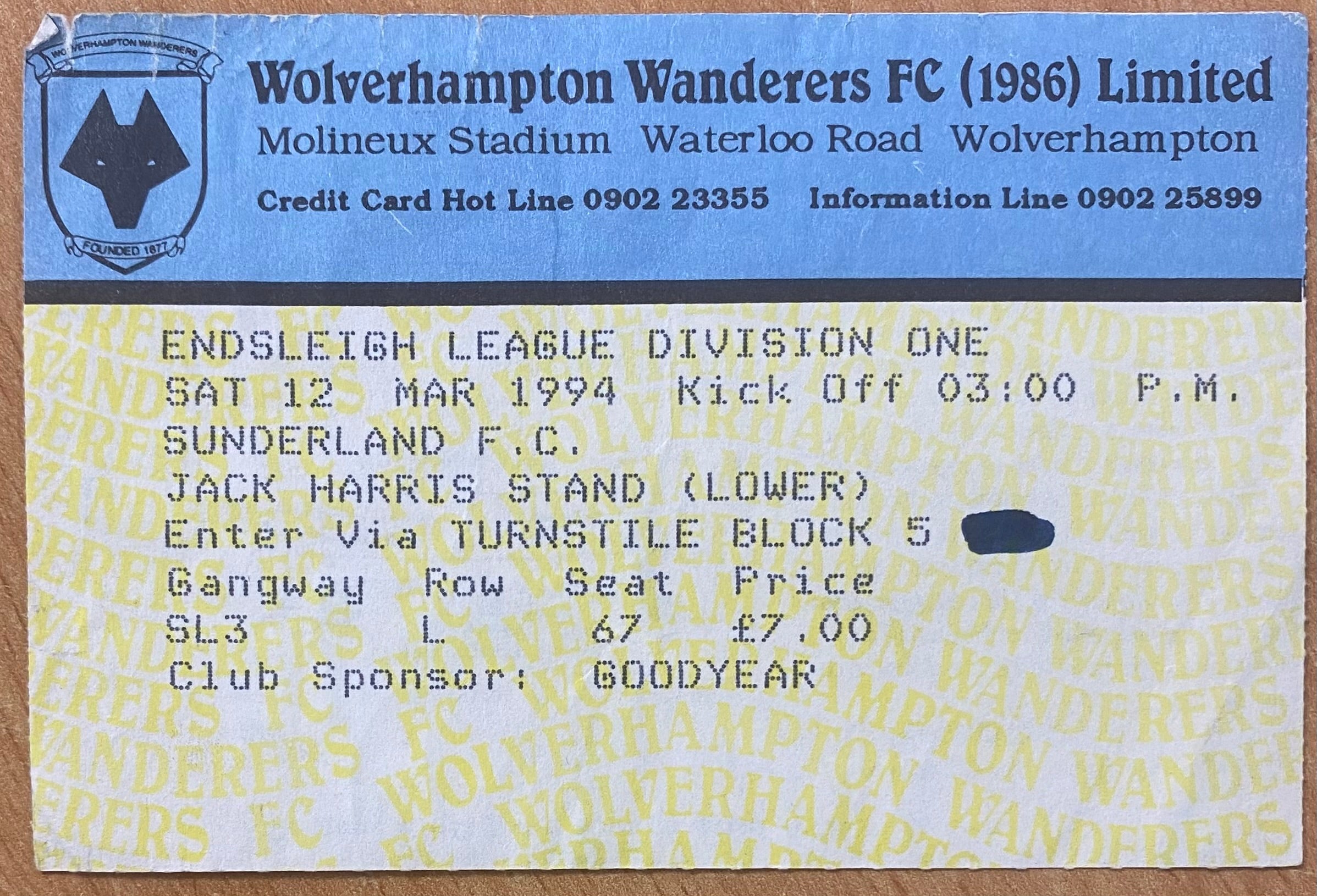 1993/94 ORIGINAL DIVISION 1 TICKET WOLVERHAMPTON WANDERERS V SUNDERLAND