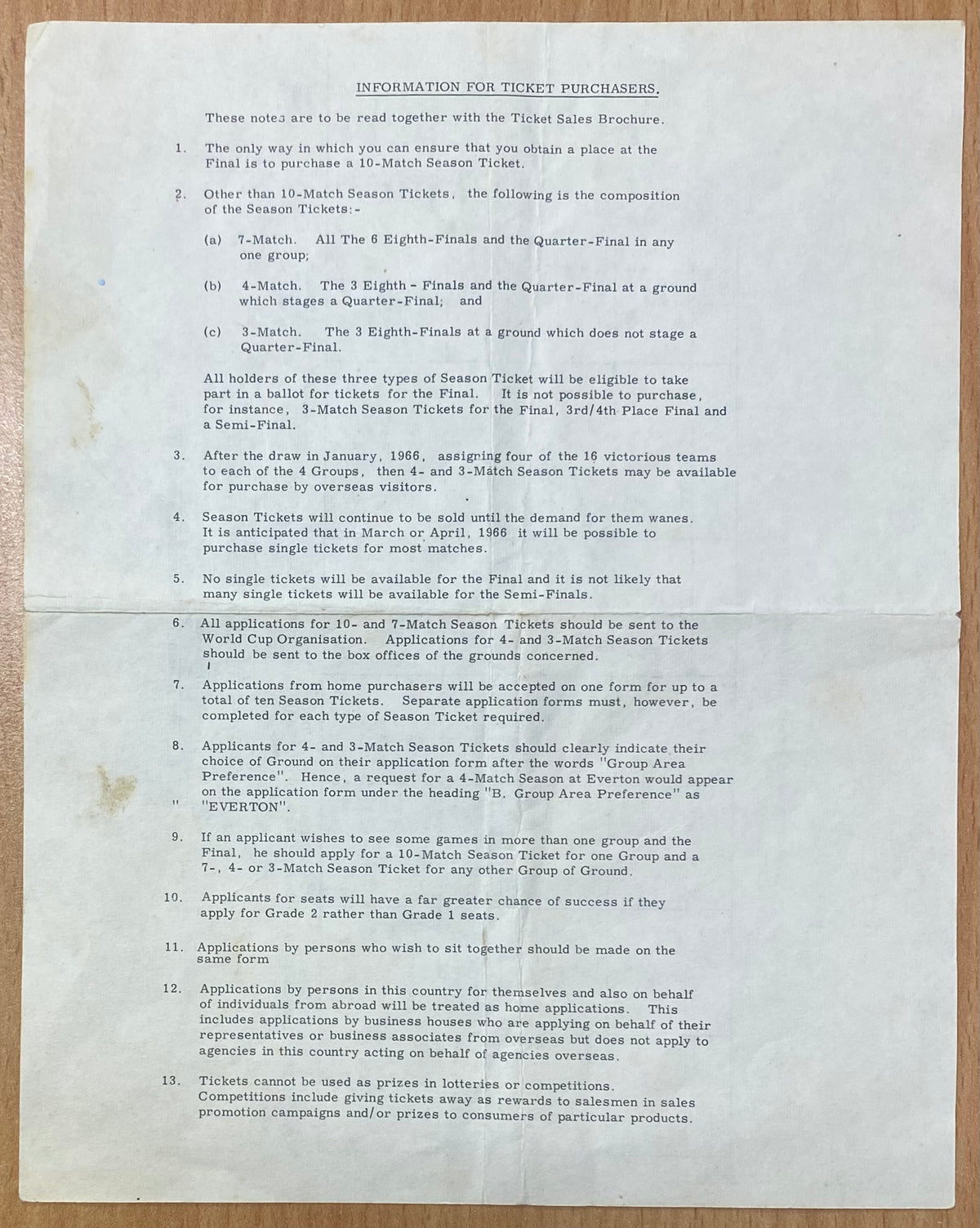 1966 WORLD CUP ORIGINAL OFFICIAL TICKET INFORMATION AND MATCH INFORMATION SHEET