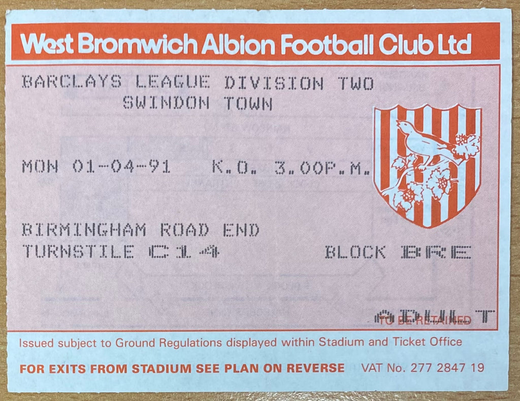 1990/91 ORIGINAL DIVISION 2 TICKET WEST BROMWICH ALBION V SWINDON TOWN