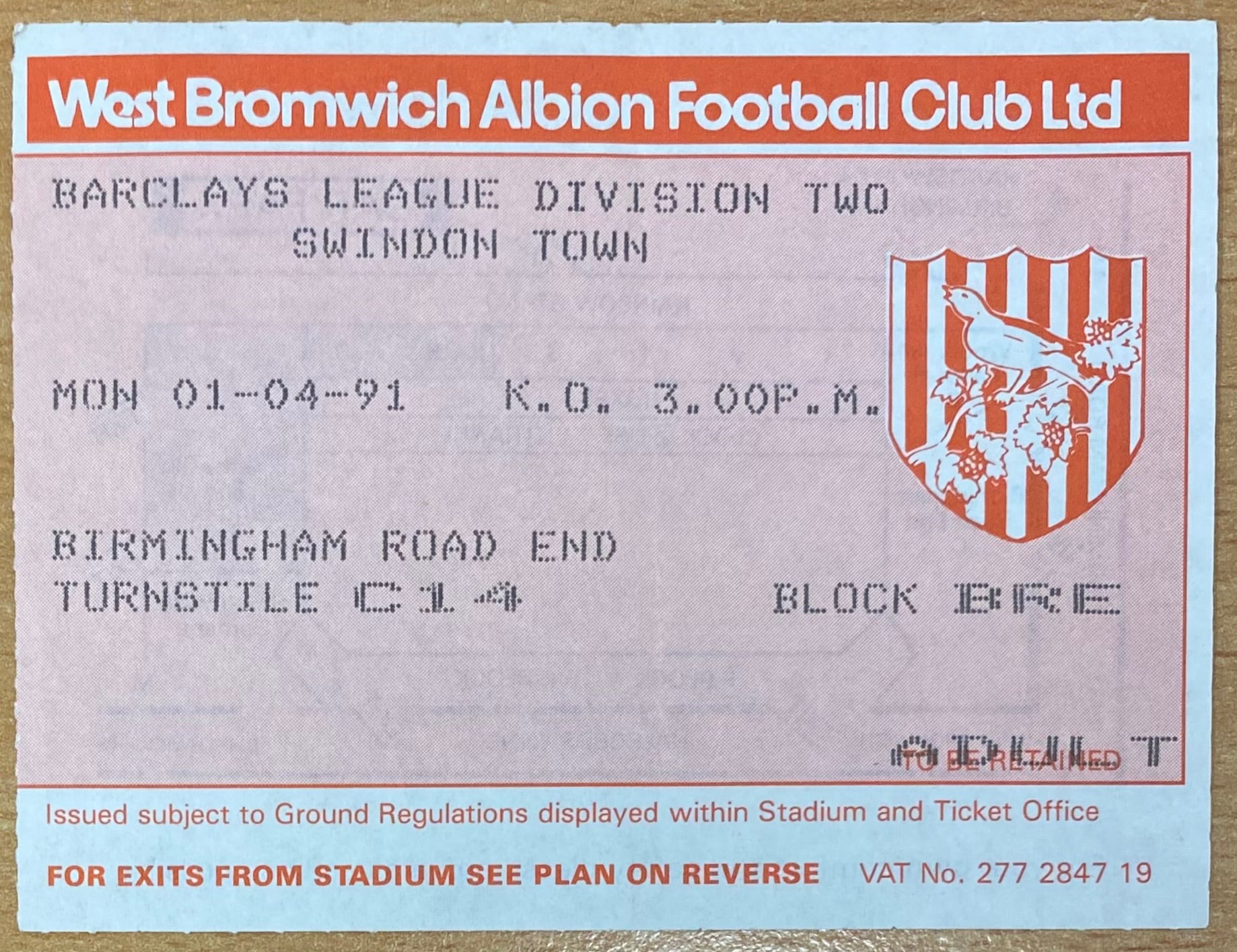 1990/91 ORIGINAL DIVISION 2 TICKET WEST BROMWICH ALBION V SWINDON TOWN
