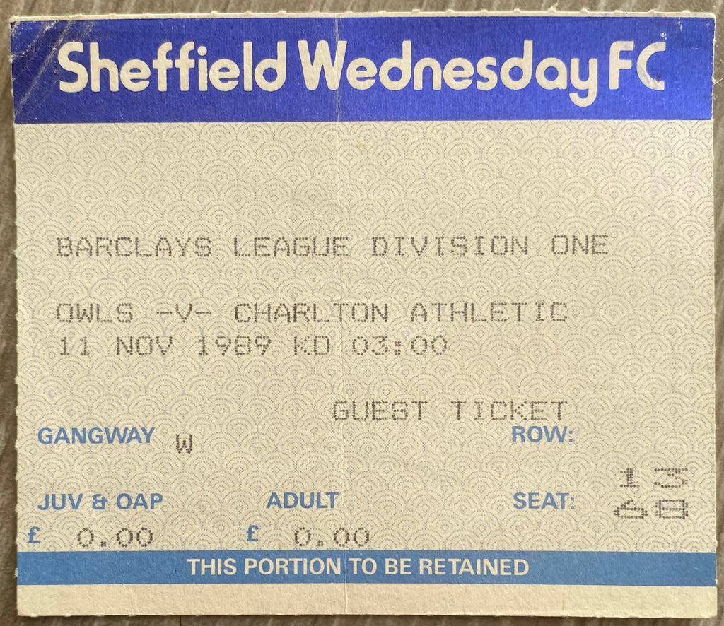 1989/90 ORIGINAL DIVISION ONE TICKET SHEFFIELD WEDNESDAY V CHARLTON ATHLETIC