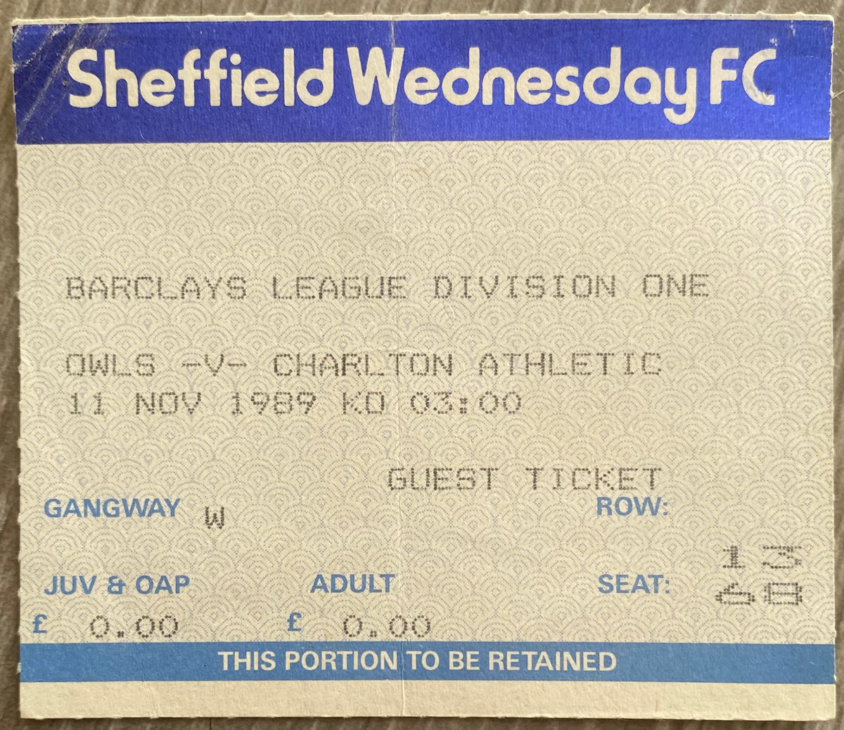 1989/90 ORIGINAL DIVISION ONE TICKET SHEFFIELD WEDNESDAY V CHARLTON ATHLETIC