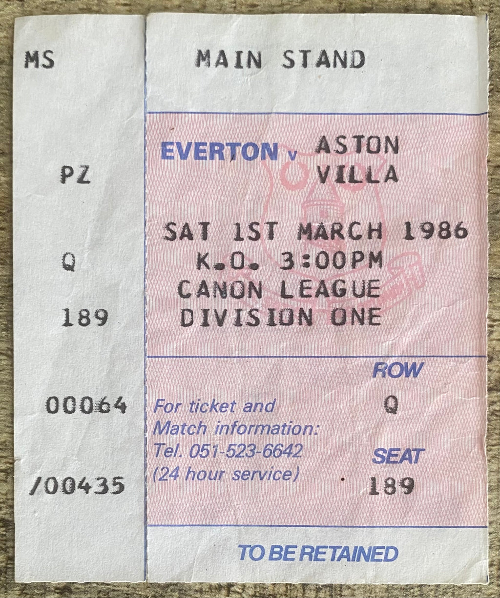 1985/86  ORIGINAL DIVISION ONE TICKET EVERTON V ASTON VILLA