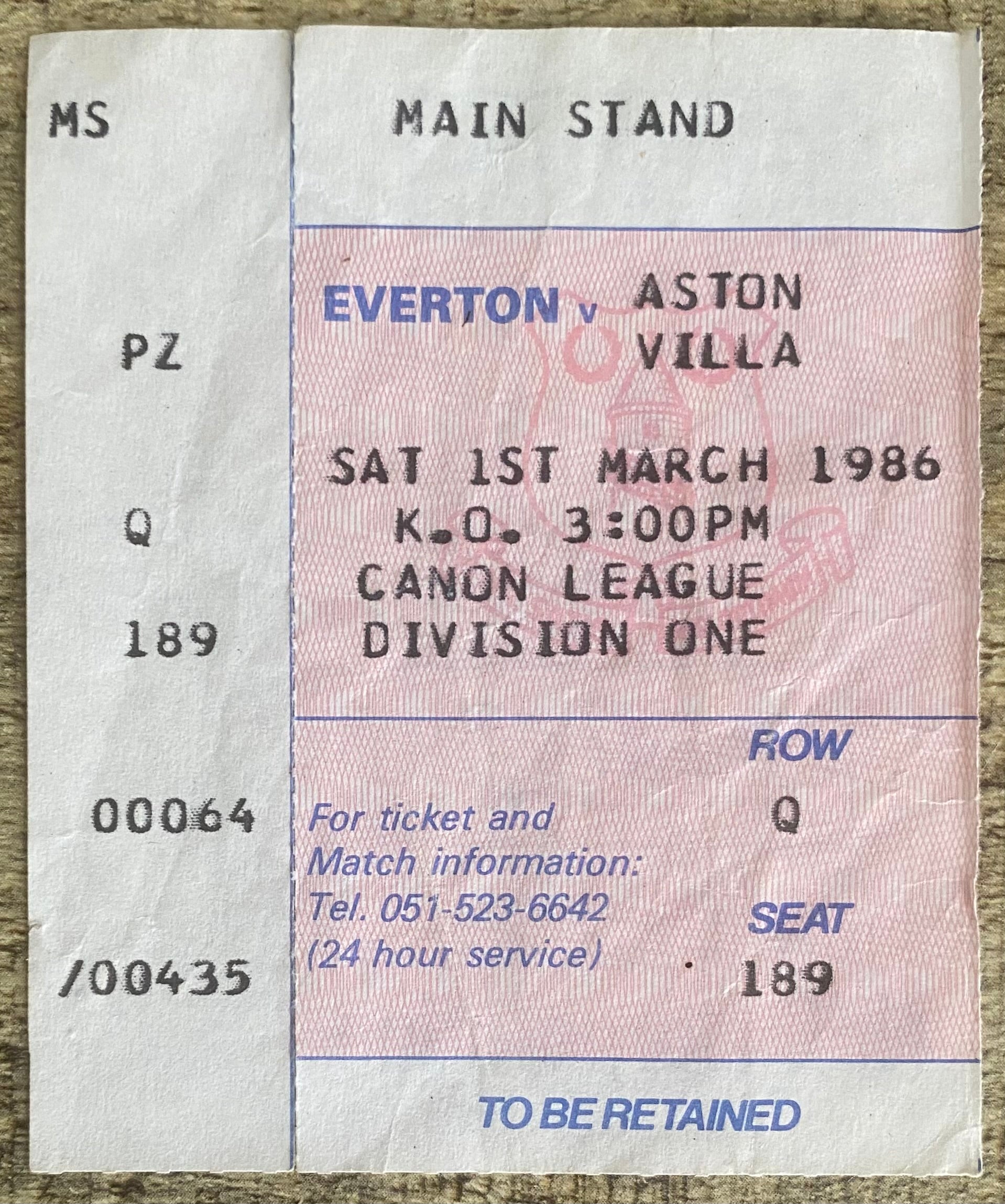 1985/86  ORIGINAL DIVISION ONE TICKET EVERTON V ASTON VILLA