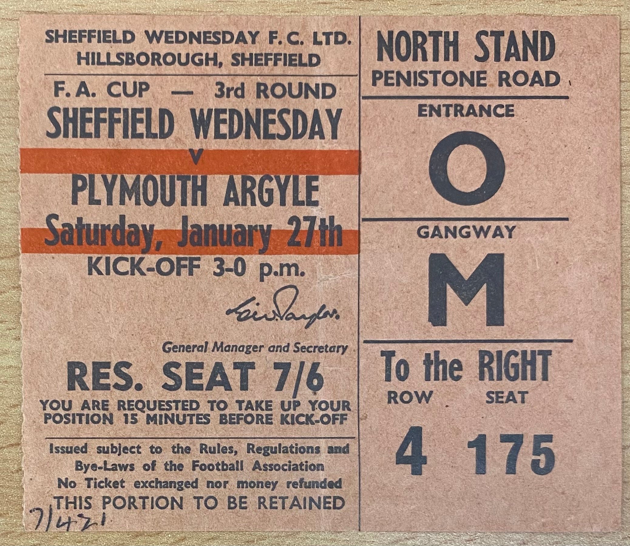1967/68 ORIGINAL FA CUP 3RD ROUND TICKET SHEFFIELD WEDNESDAY V PLYMOUTH ARGYLE