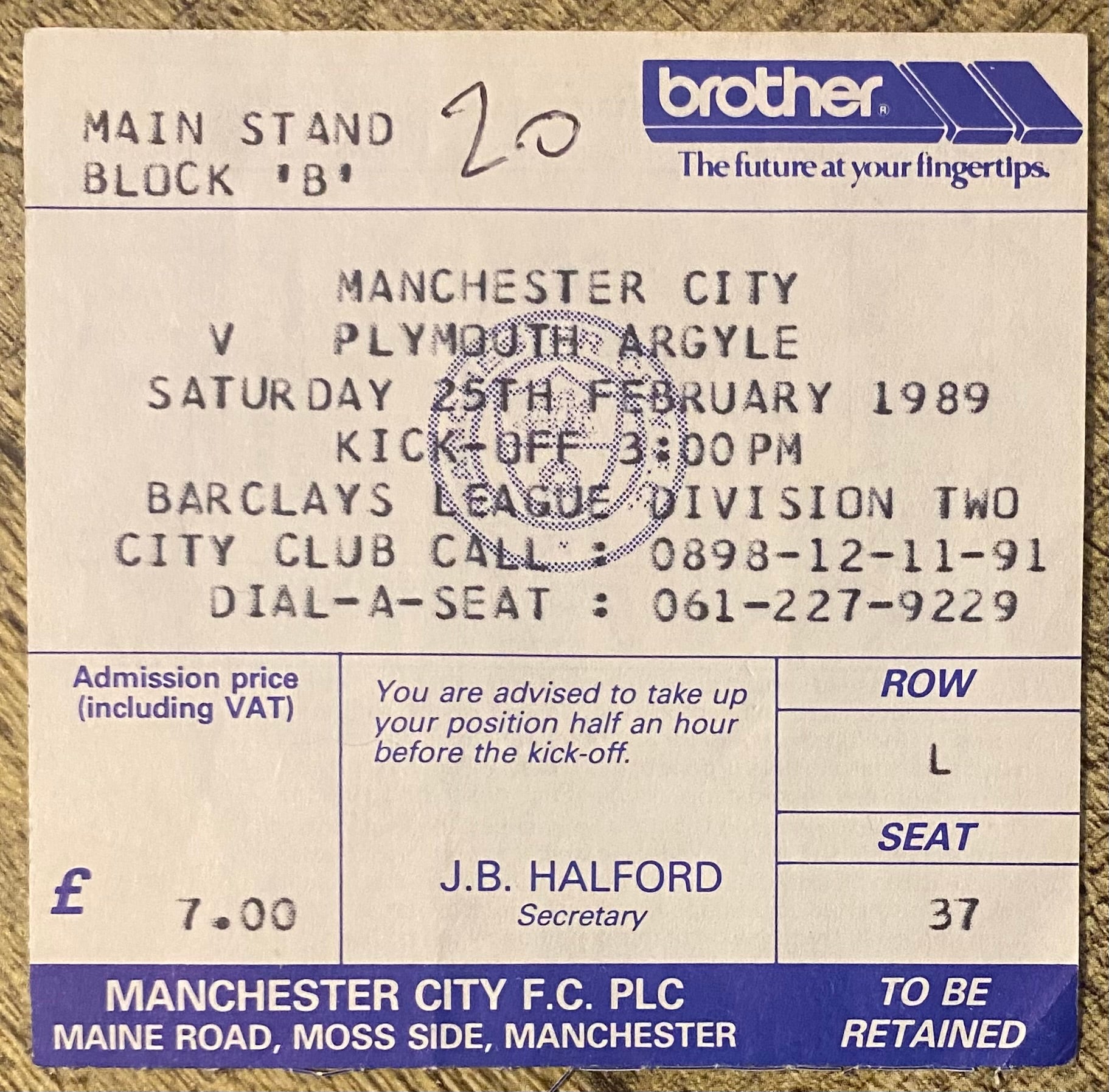 1988/89 ORIGINAL DIVISION 2 TICKET MANCHESTER CITY V PLYMOUTH ARGYLE