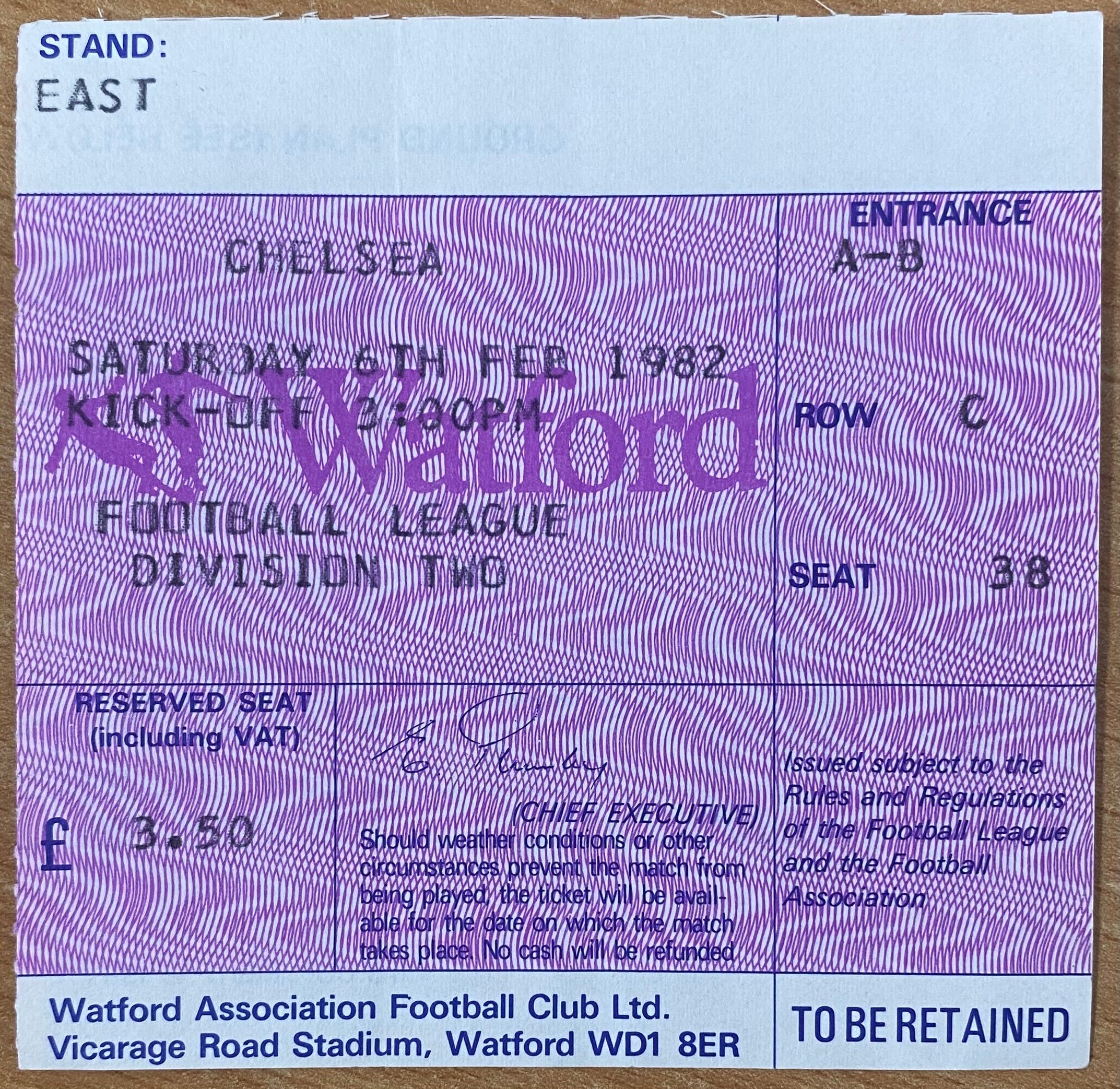1981/82 ORIGINAL DIVISION TWO TICKET WATFORD V CHELSEA