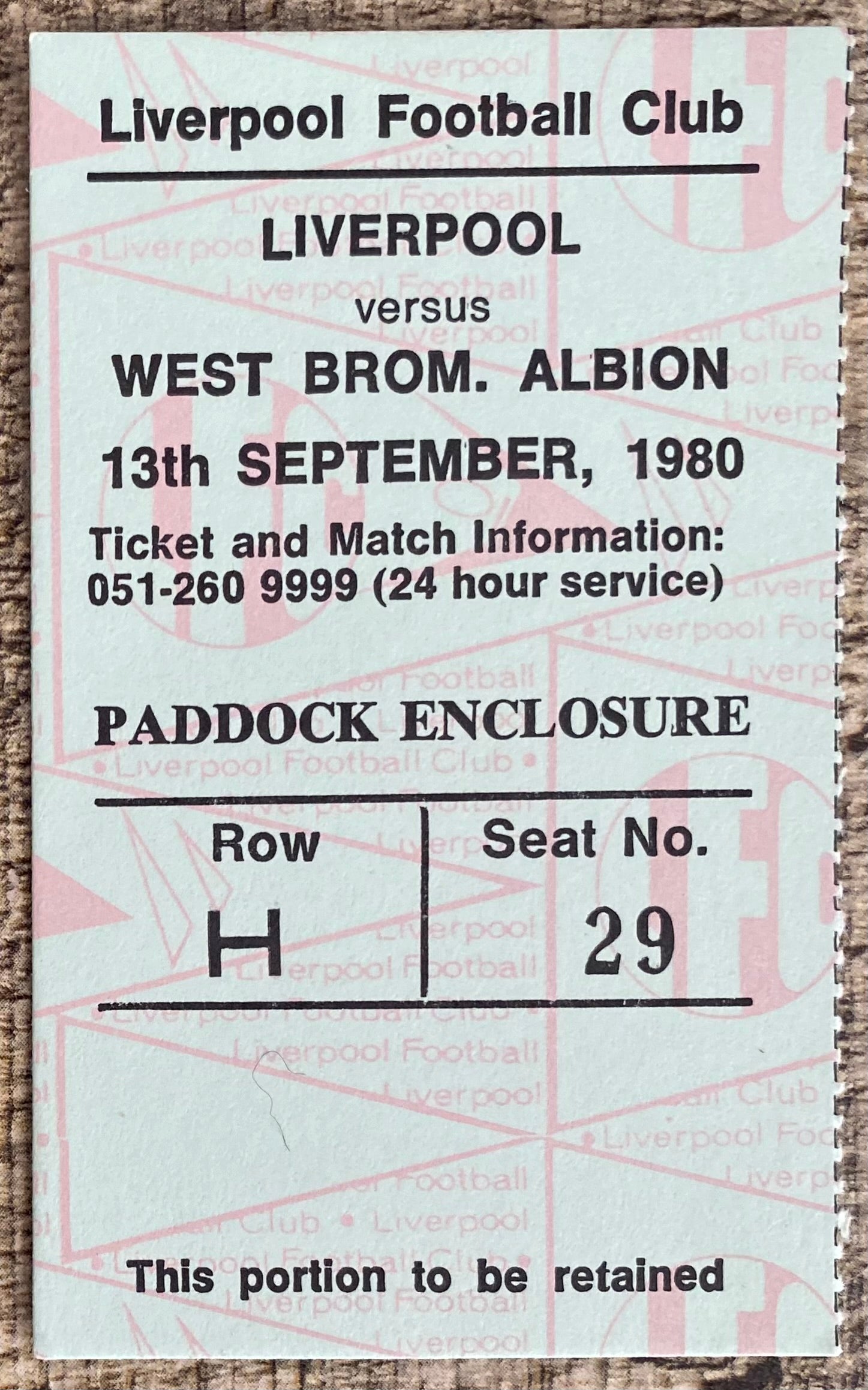 1980/81 ORIGINAL DIVISION ONE TICKET LIVERPOOL V WEST BROMWICH ALBION